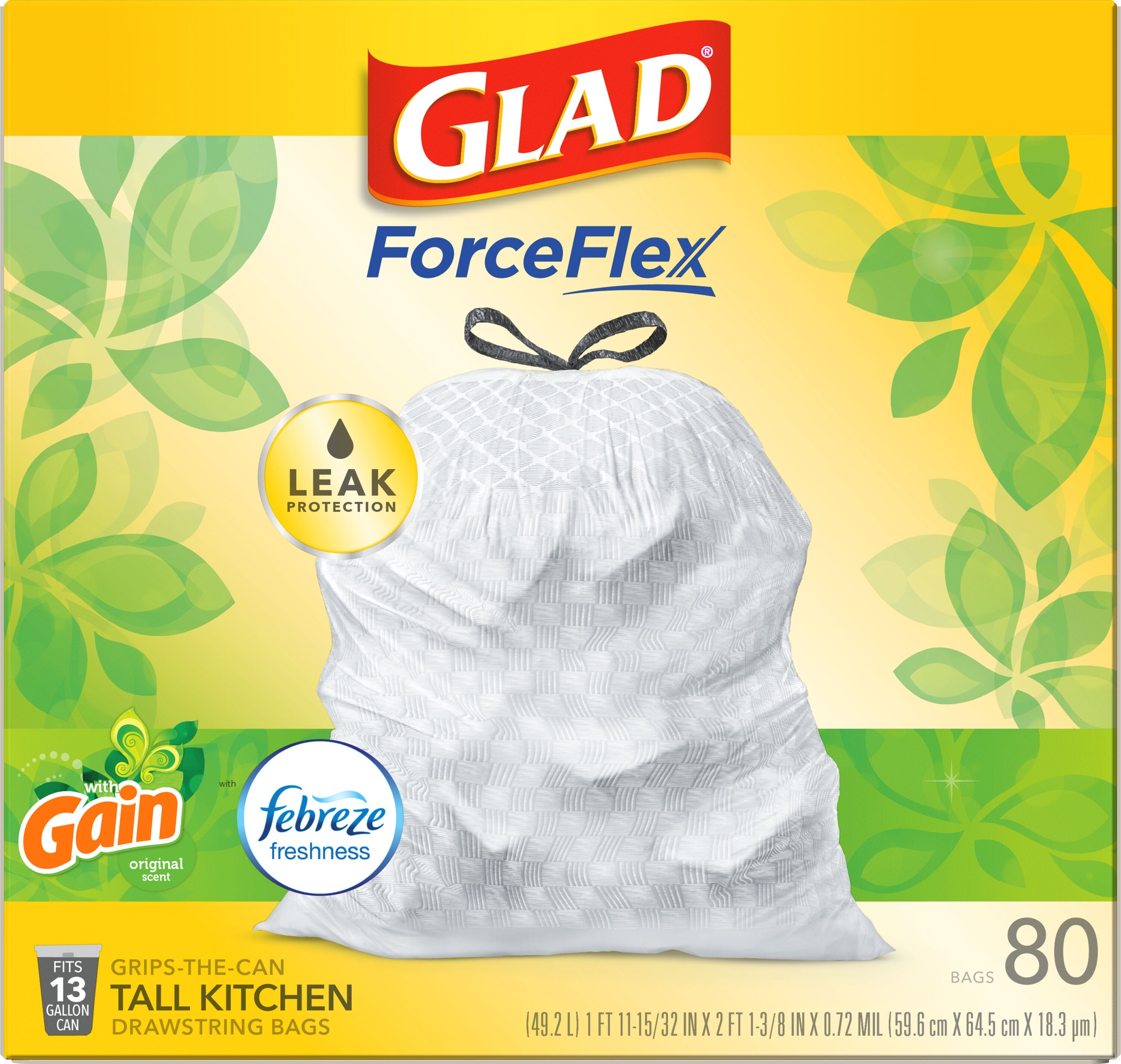  Glad ForceFlex Tall Kitchen Drawstring Trash Bags, 13 Gal,  OdorShield, 80 Ct : Health & Household