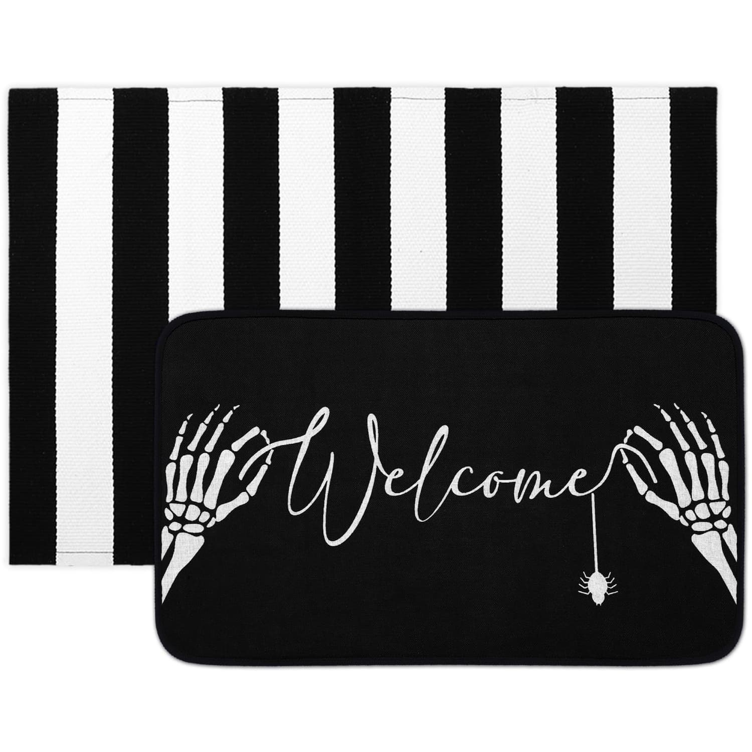 Angel Sar Halloween Door Mat Set with Door Mat and Black and White Striped Rug for Home Decor