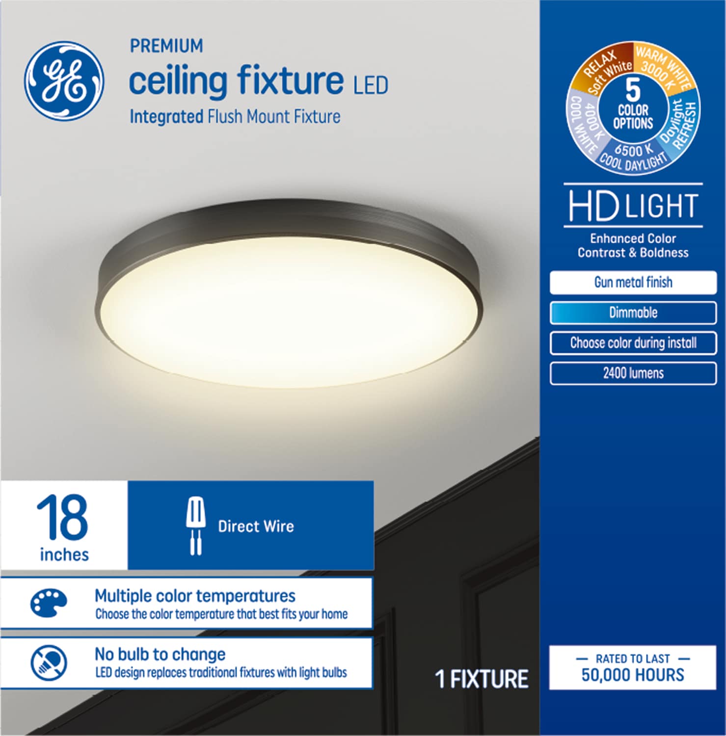 GE 93129190 Premium Ceiling Fixture LED 1 -Light 18-in Brushed Gray Integrated LED Flush Mount Light ENERGY STAR Certified