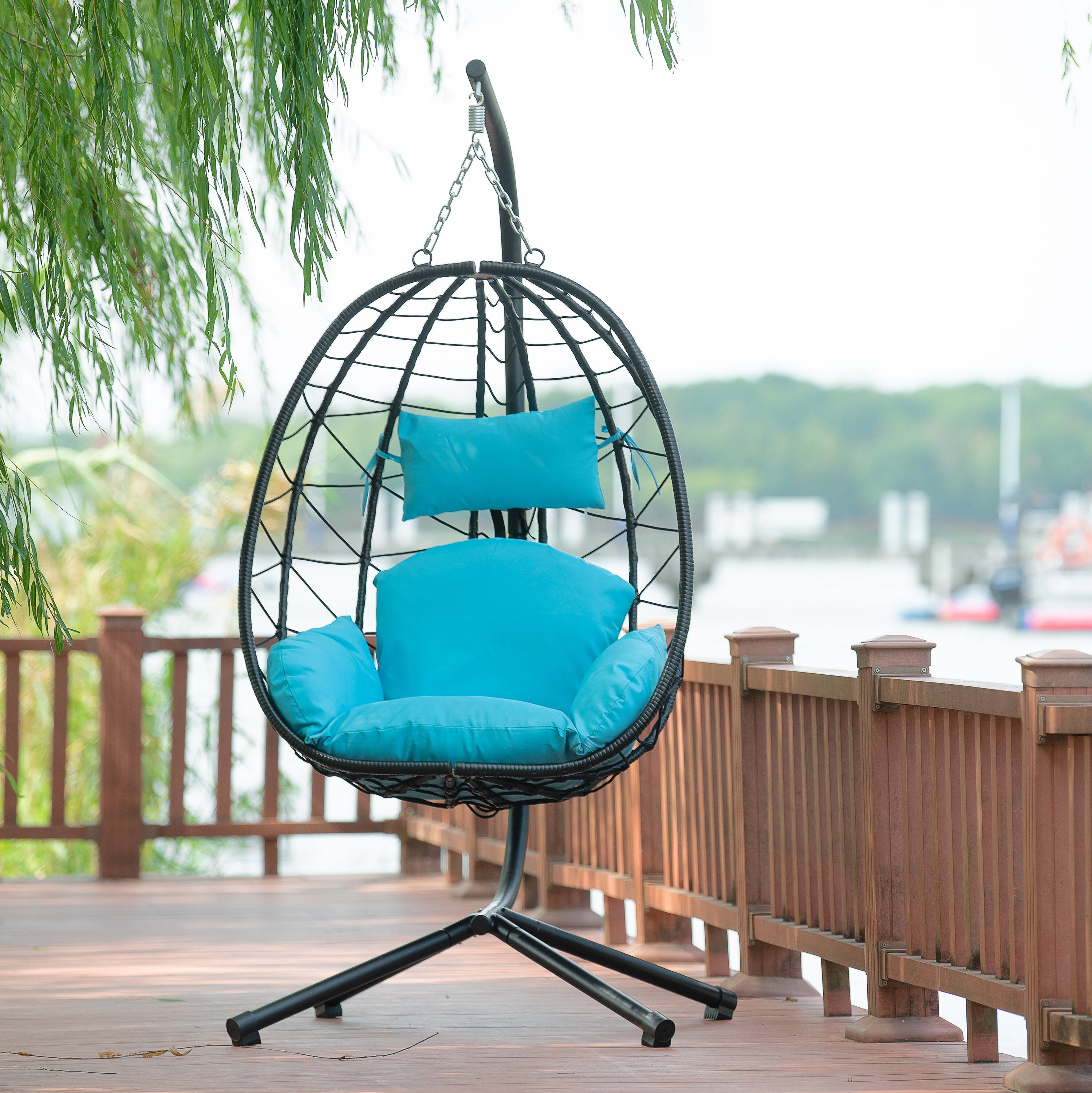 Forclover MONLDS09BL Patio Swing Hammock Egg Chair Black Steel Frame Hanging Egg Chair with Blue Cushioned Seat