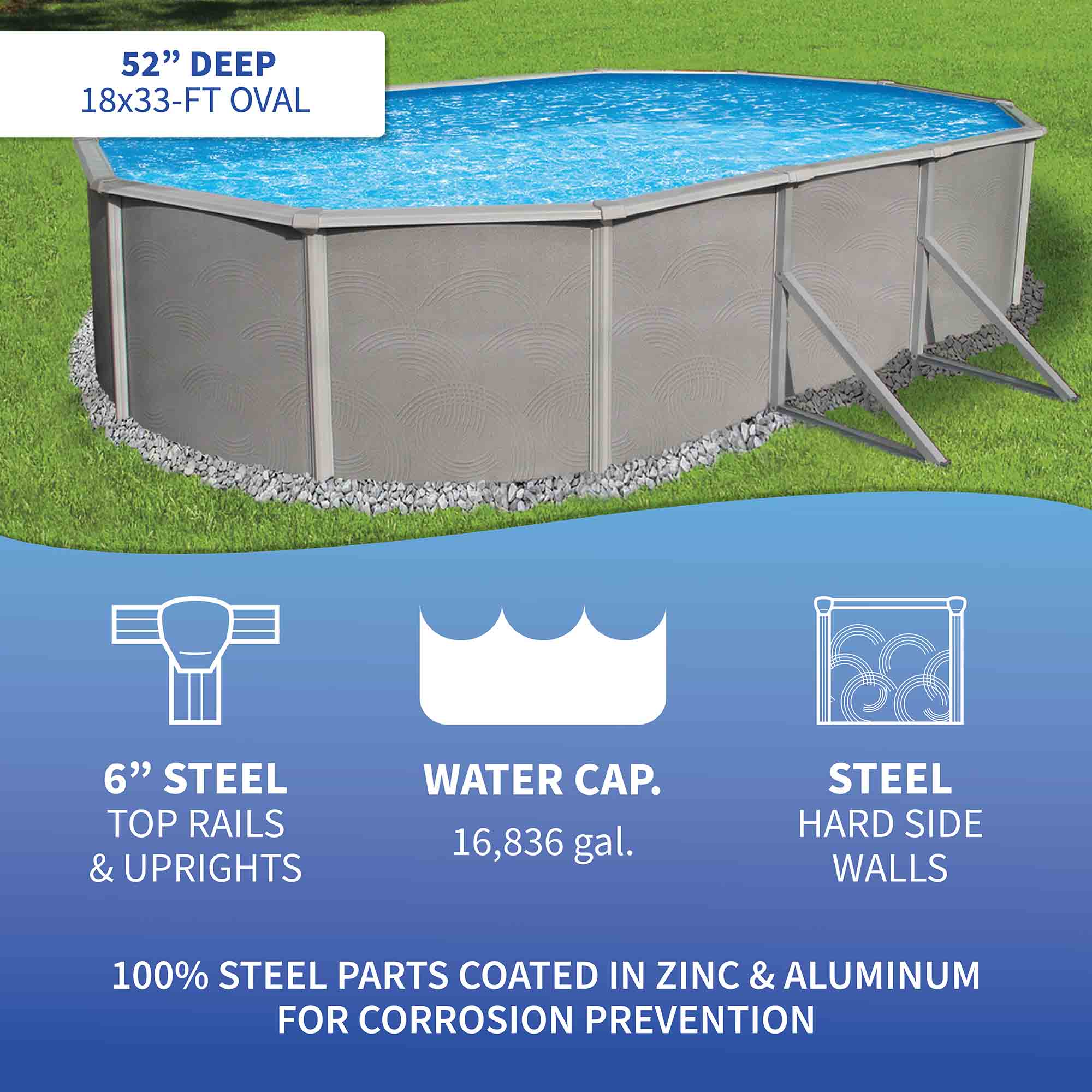 Belize 33' x 18' x 52" Oval Steel Above-Ground Pool with Pump and Filter