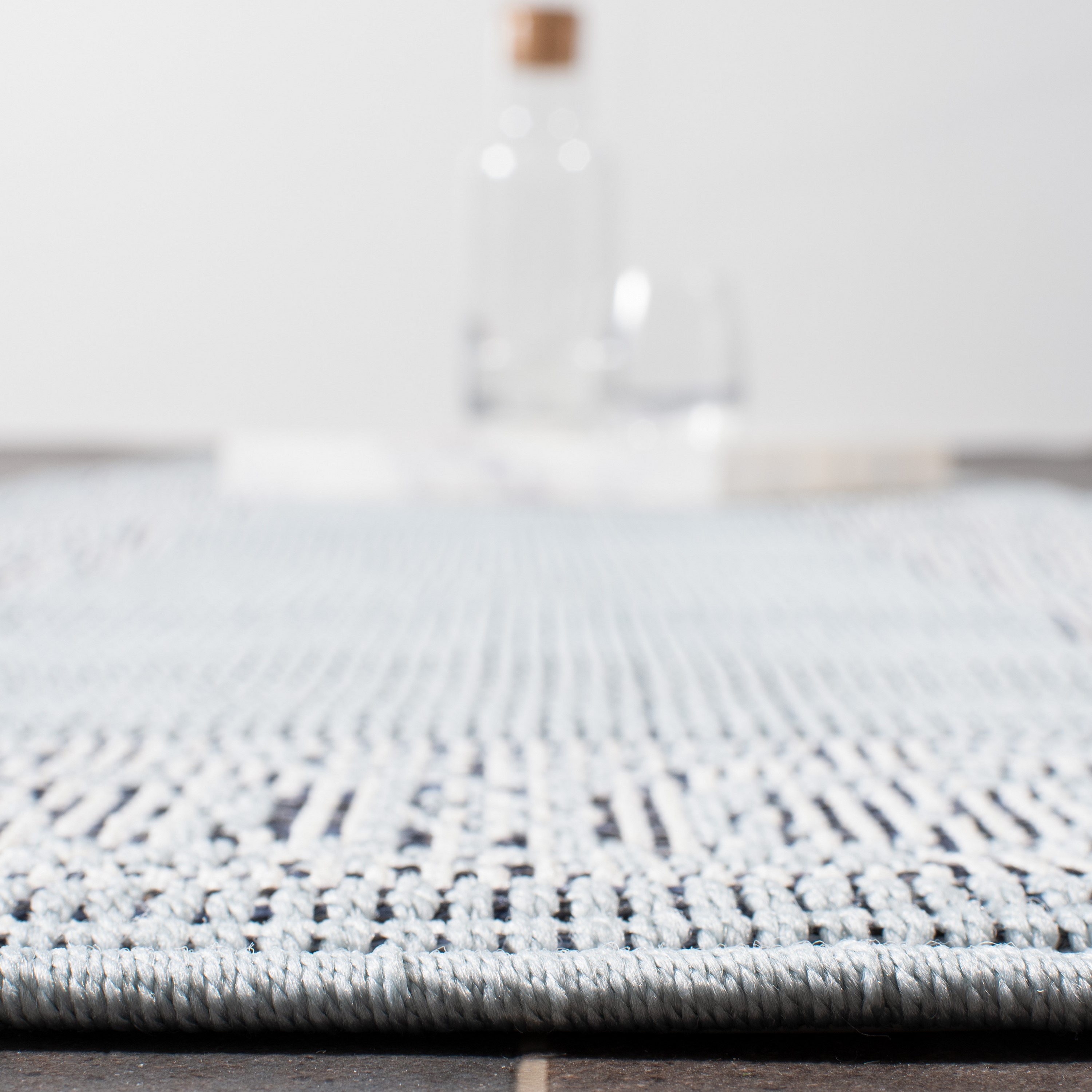 Aqua and Cream Floral Bordered Indoor/Outdoor Runner Rug