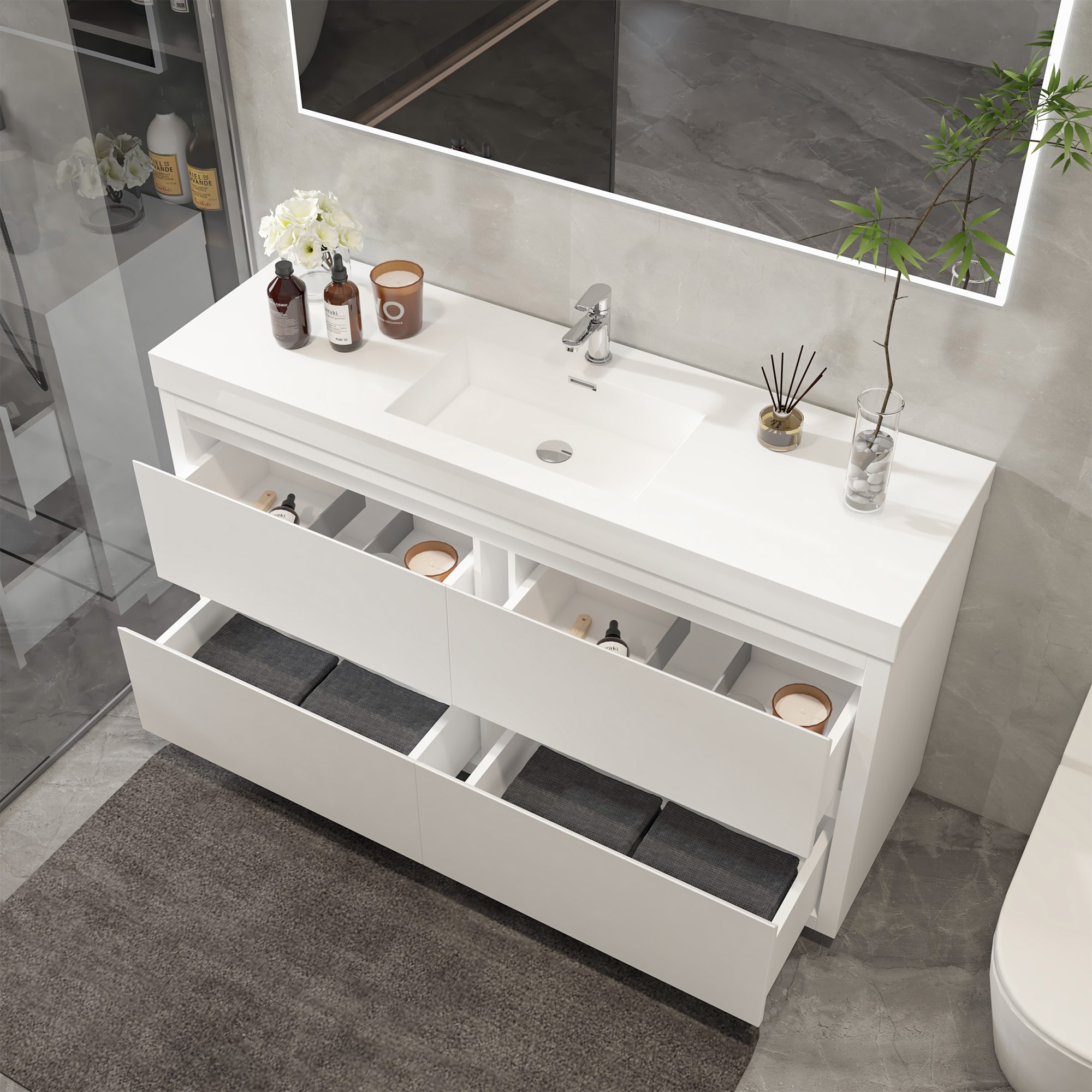 Glossy White 60-Inch Single Sink Bathroom Vanity with Resin Top