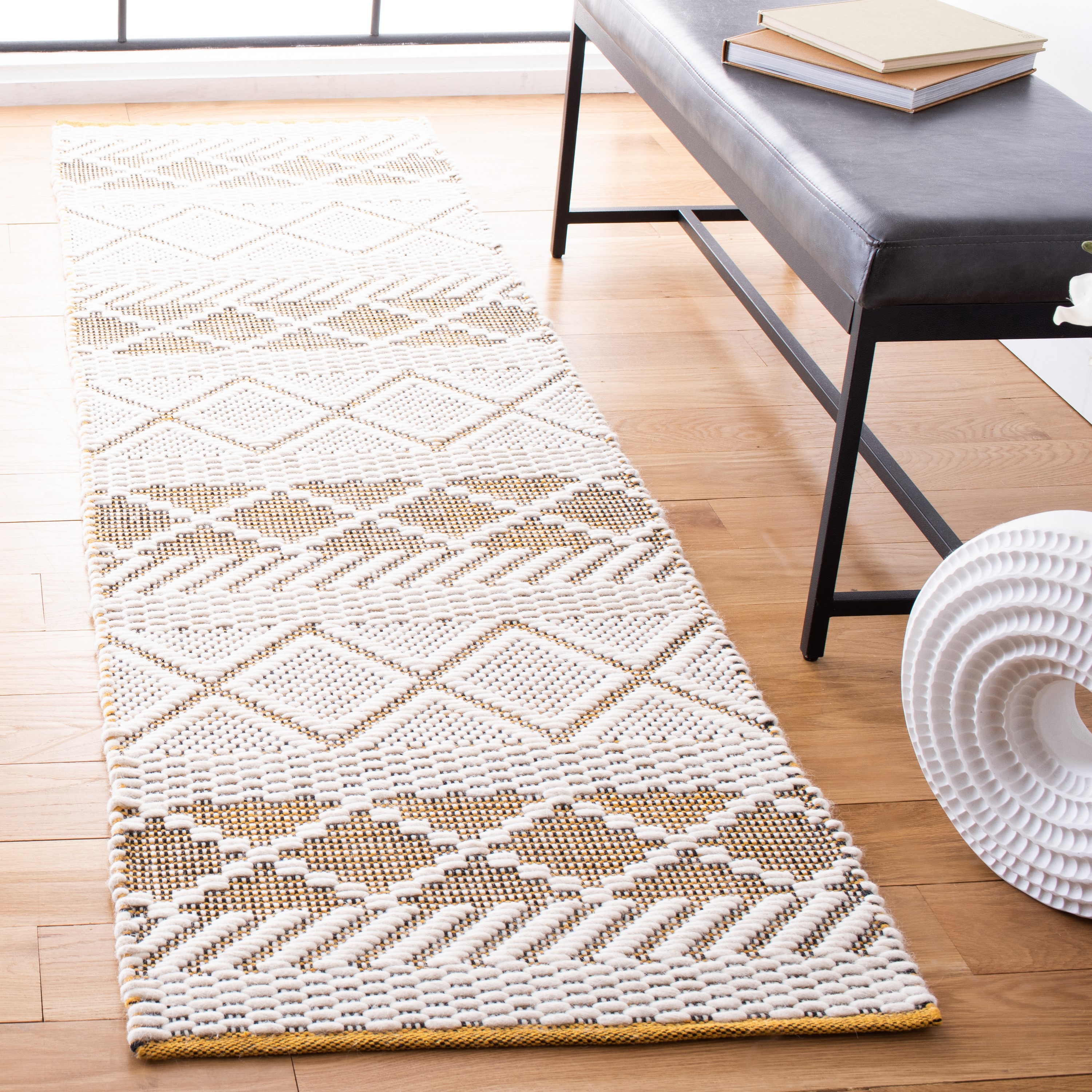 Safavieh NAT854C-28 Natura Anina 2 x 8 (ft) Wool Ivory/Yellow Rectangular Indoor Geometric Bohemian/Eclectic Runner rug