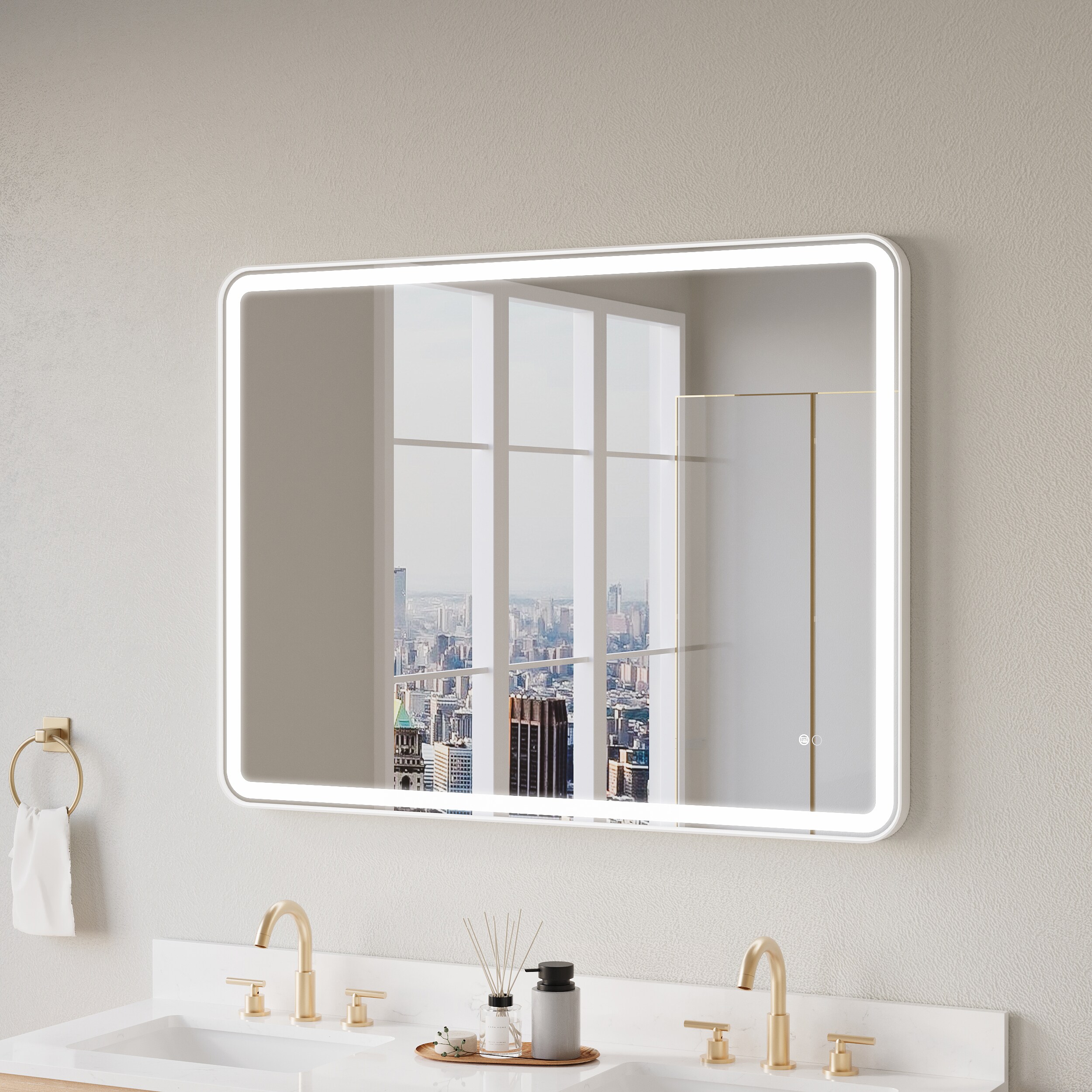 ANGELES HOME  48-in x 36-in Aluminum Framed Rectangle LED Bathroom Mirror with  Fog Free (White)