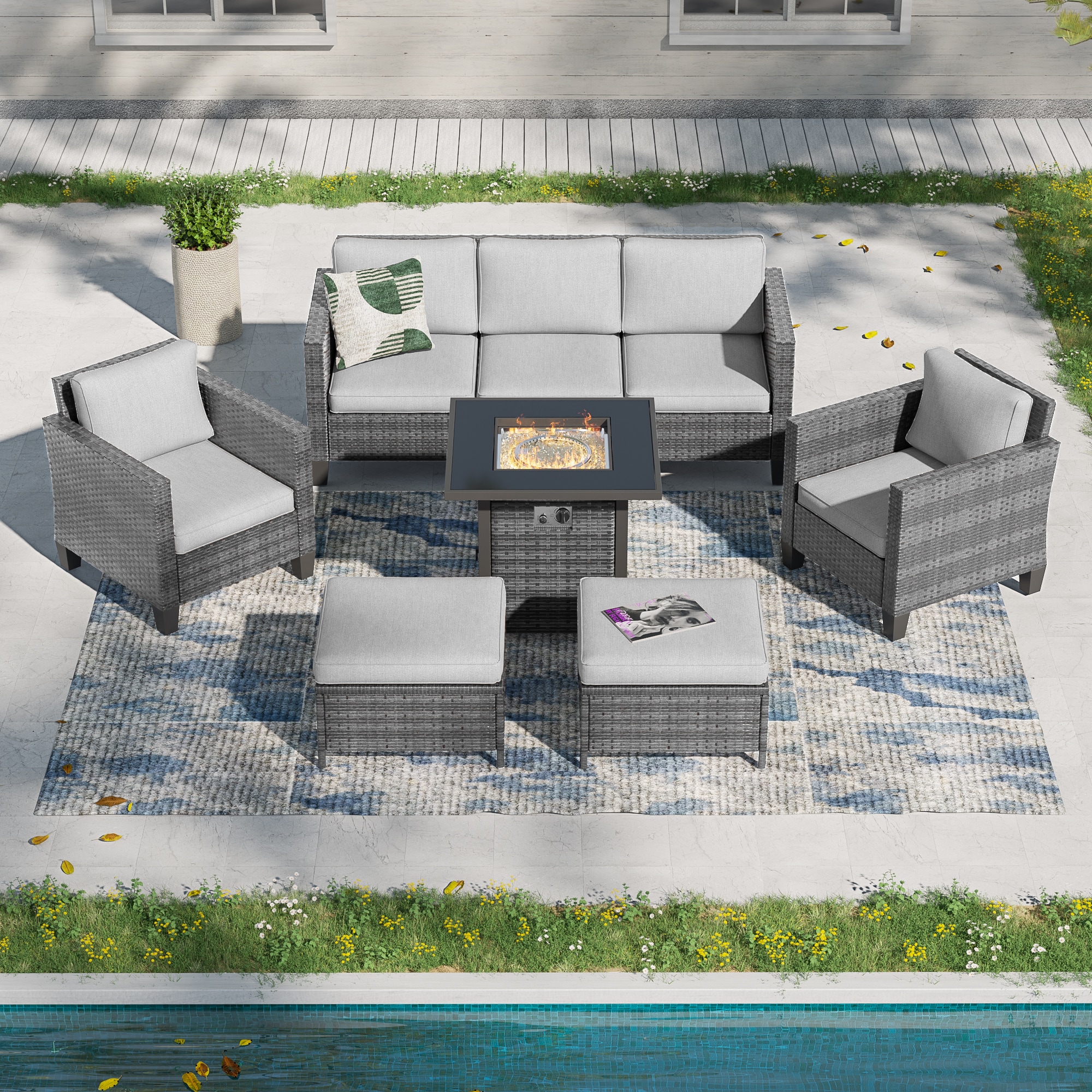 ACEGOSES LW-115HLY-T4 Skytop 6 -Piece Wicker Patio Sofa Conversation Set with Gray Cushions