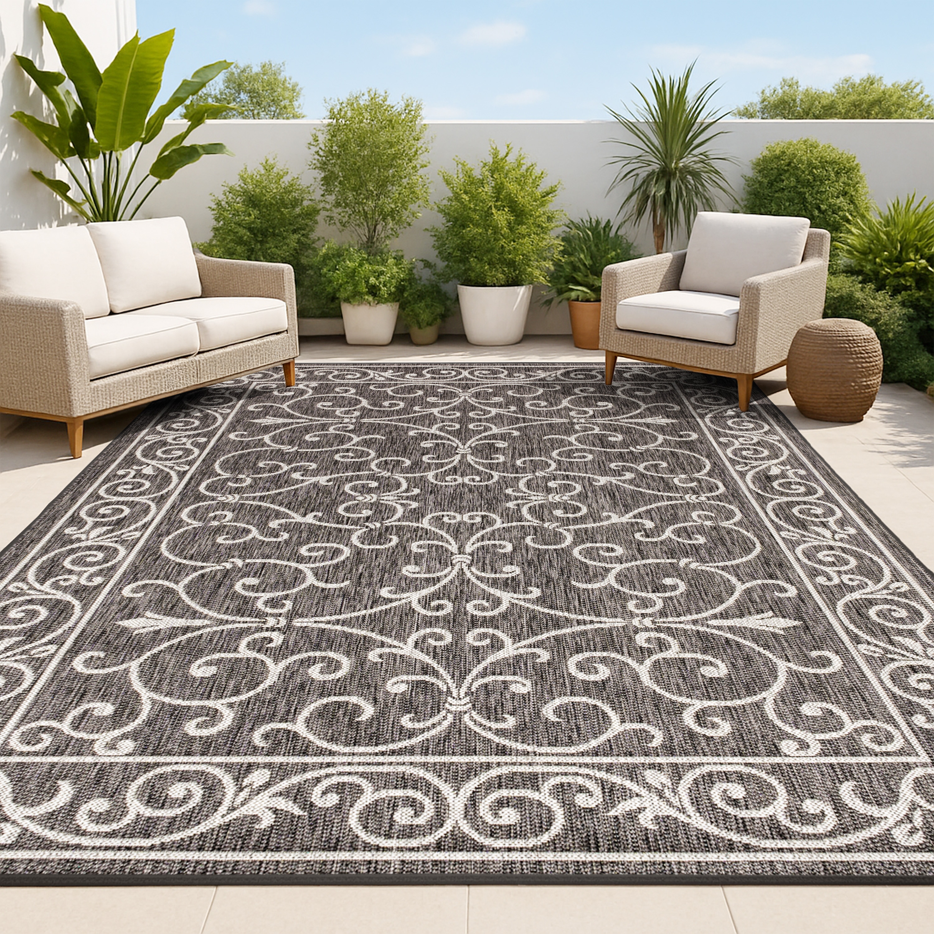 JONATHAN  Y SMB106G-3 Santa Monica Charleston Filigree Textured Weave 3 x 5 (ft) Loomed Polypropylene Black/Gray Rectangular Indoor/Outdoor Border Coastal Area rug