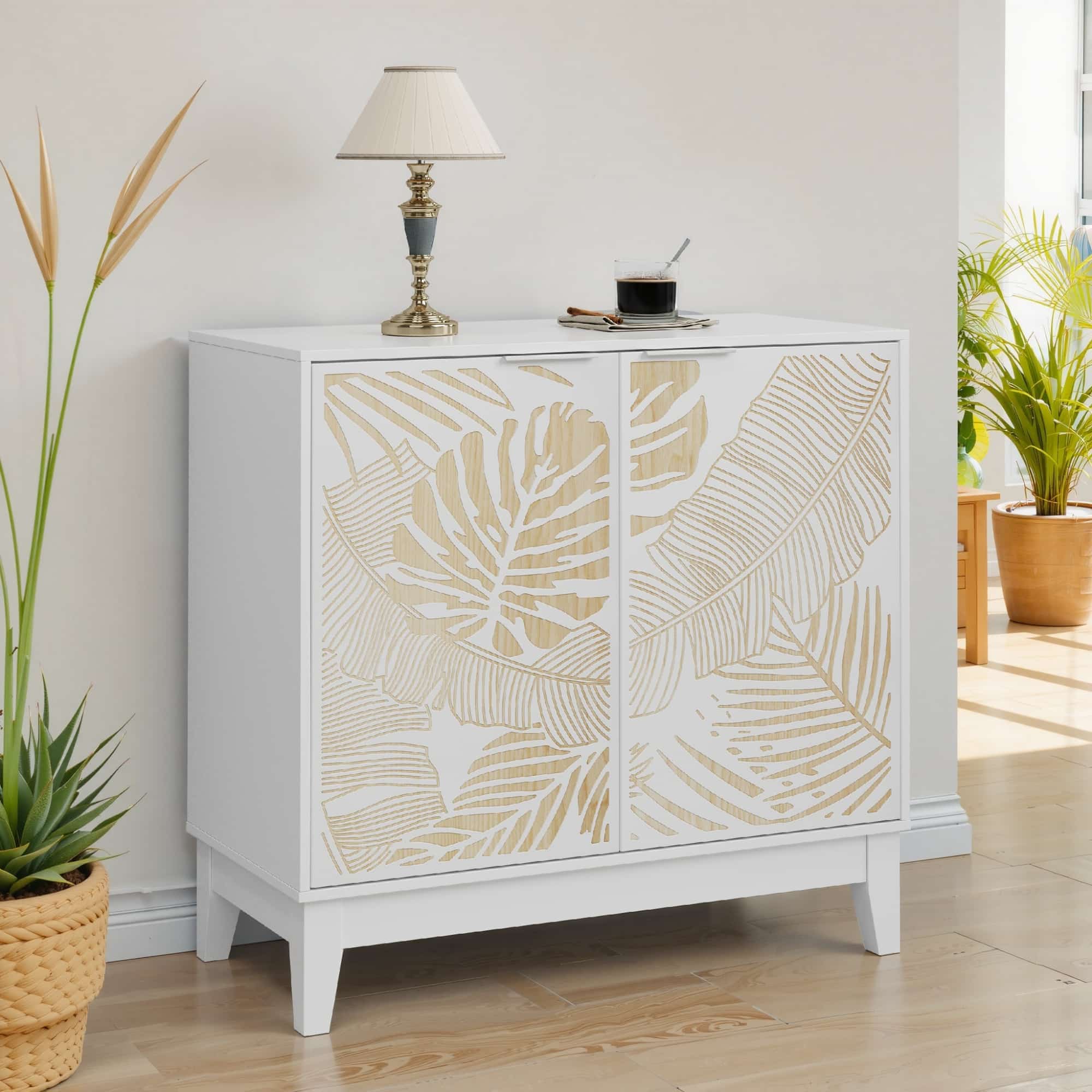 Maison Boucle 31.5 In White Storage Cabinet with Leaf Carved Doors Adjustable Shelves for Entryway or Living Room