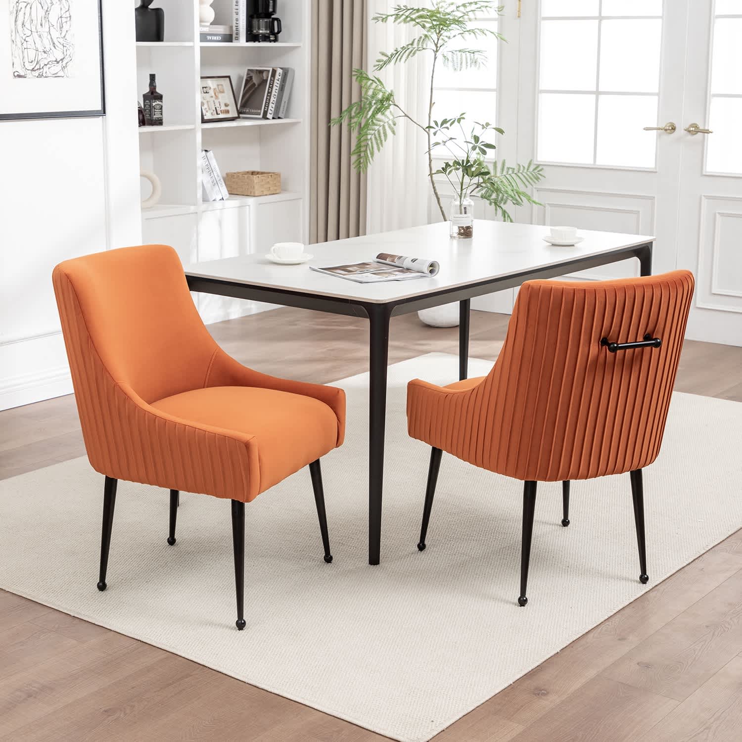 SEYNAR XY784-ORANGE-S2 Modern Glam Velvet Black Metal Legs Dining Chair or Vanity Chair Set of 2 with Rear Handle