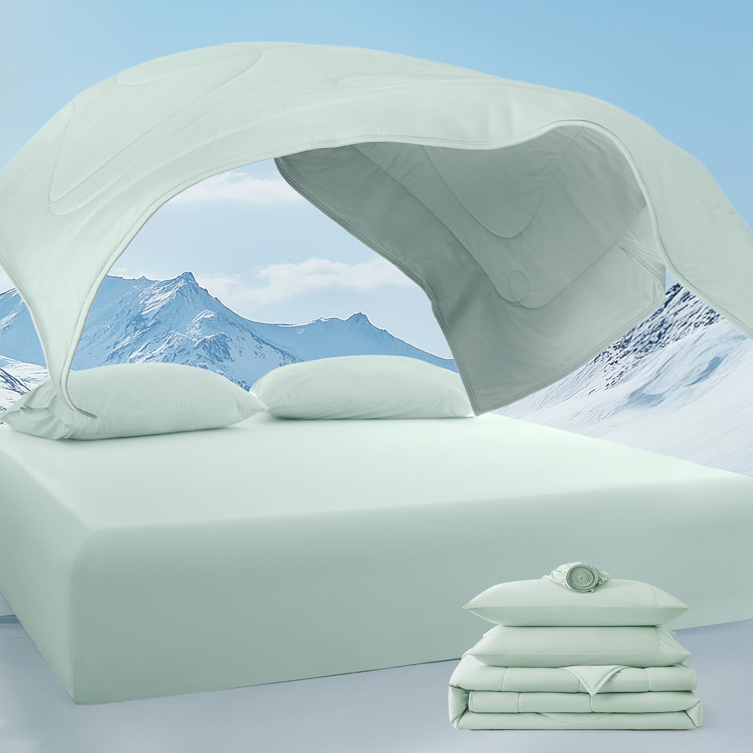 Bedsure Breescape Cooling Comforter Set - Ultra Comfort 4pcs with King Size Cooling Blanket, Wrinkle-Free Deep Pocket Fitted Sheet, 2 Breathable Pillowcases for Skin and Hair Bedding Set, Mint Green