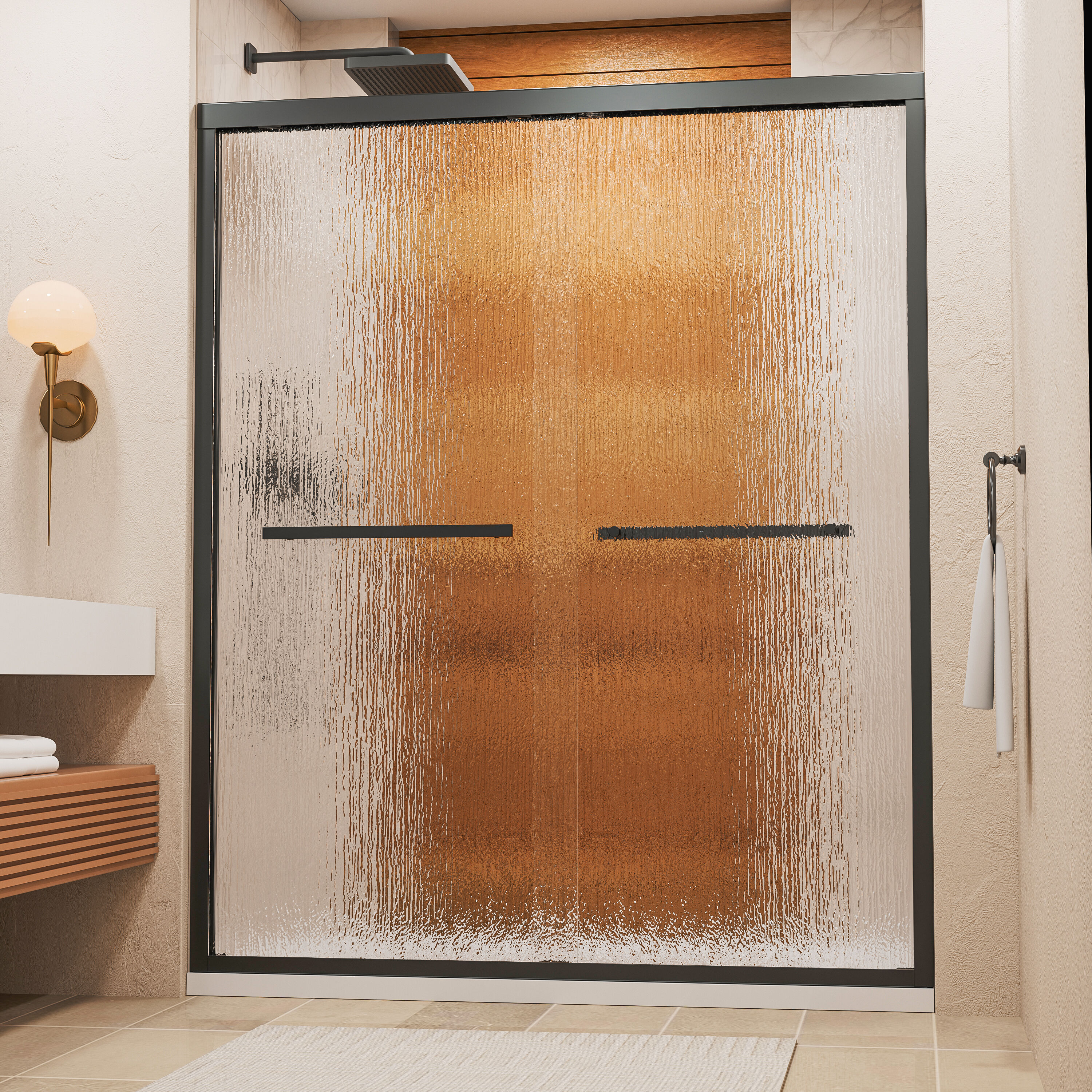 Yuaris 56-60 in. W x 72 in. H Bypass Double Sliding Framed Shower Door in Matte Black with Rain Glass
