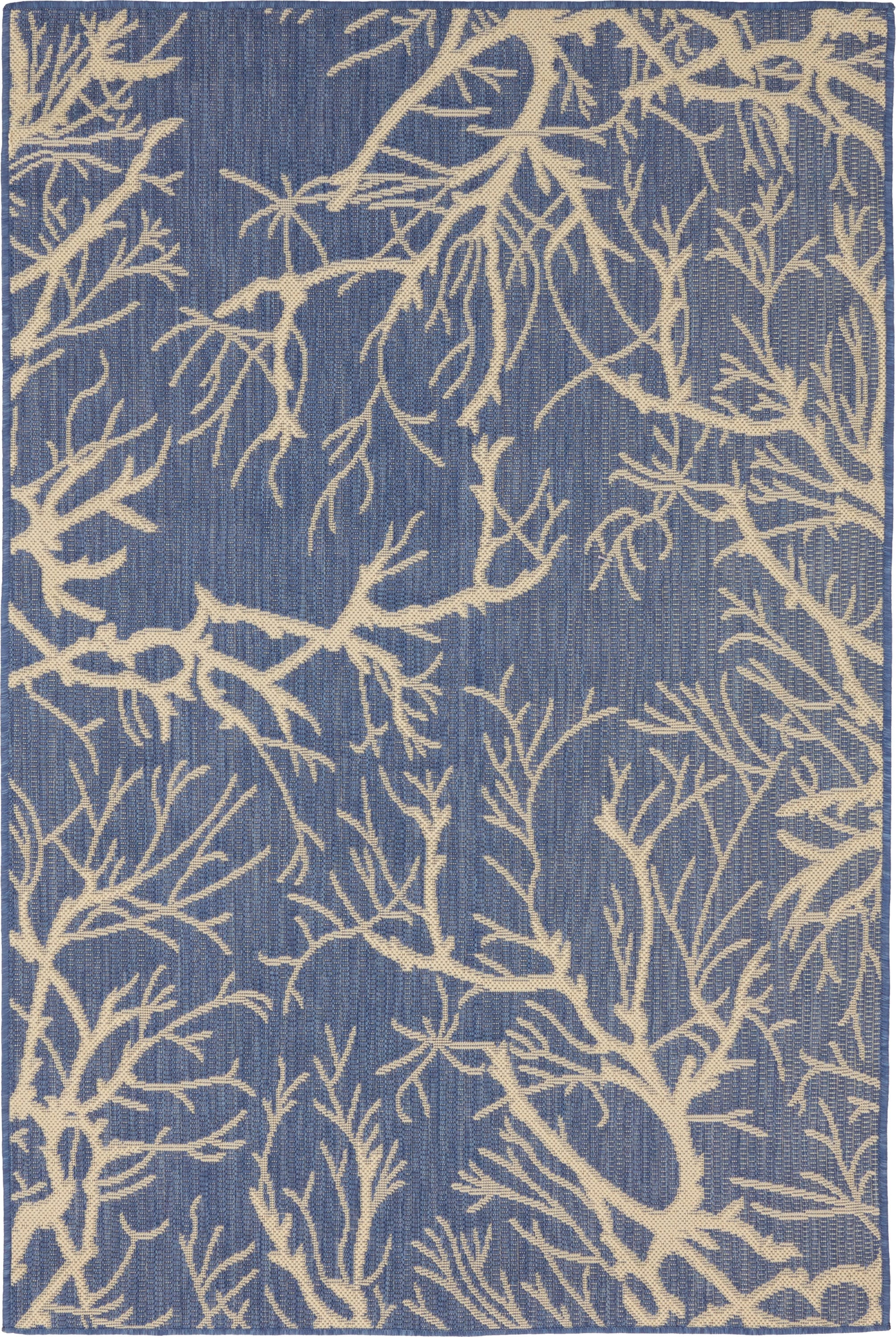 Unique Loom 3135563 Branch Outdoor 4 x 6 (ft) Loomed Polypropylene Navy Blue/Beige Rectangular Indoor/Outdoor Floral/Botanical Area rug