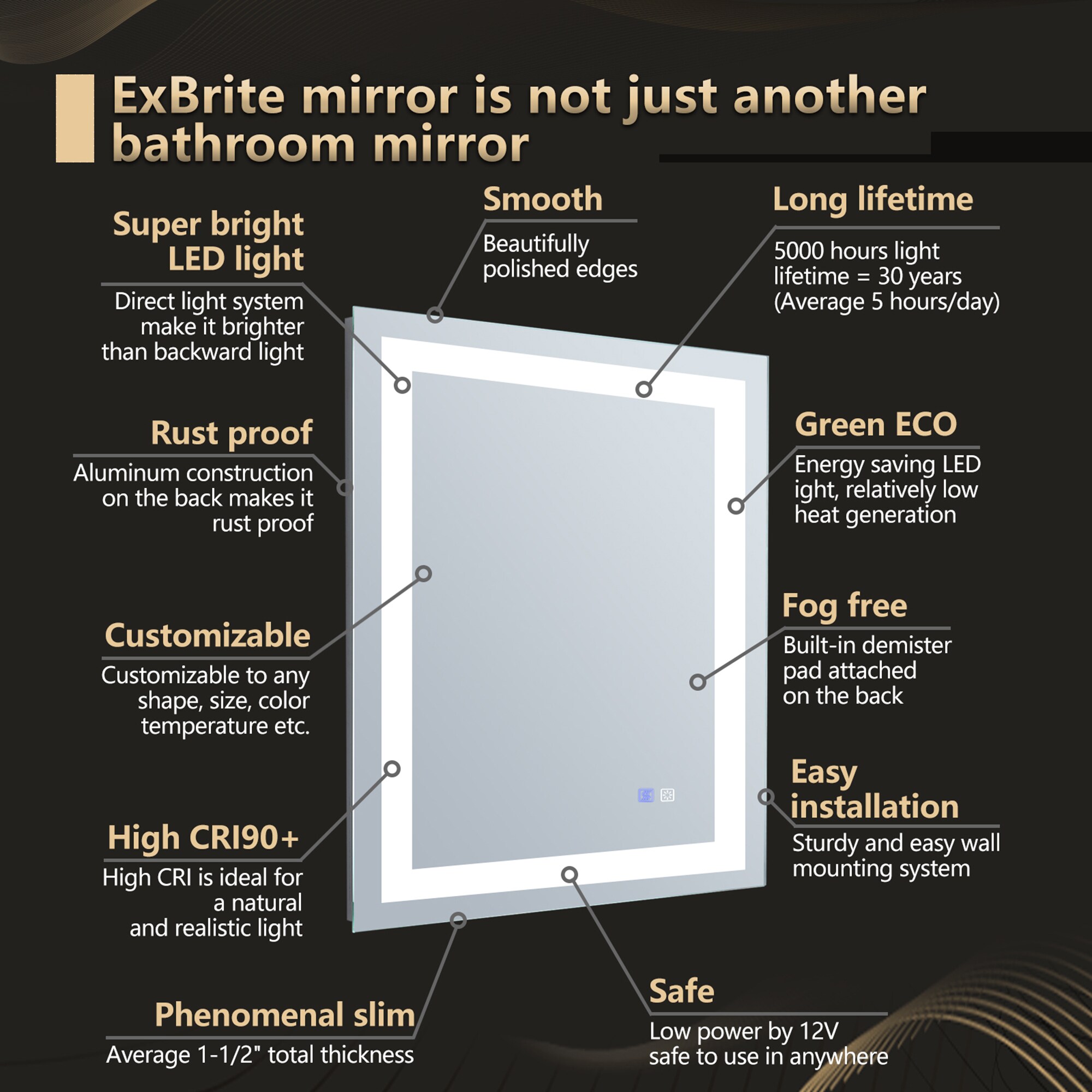 ExBrite 24-in X 32-in Frameless Rectangle Dimmable Lighted Fog Free ...