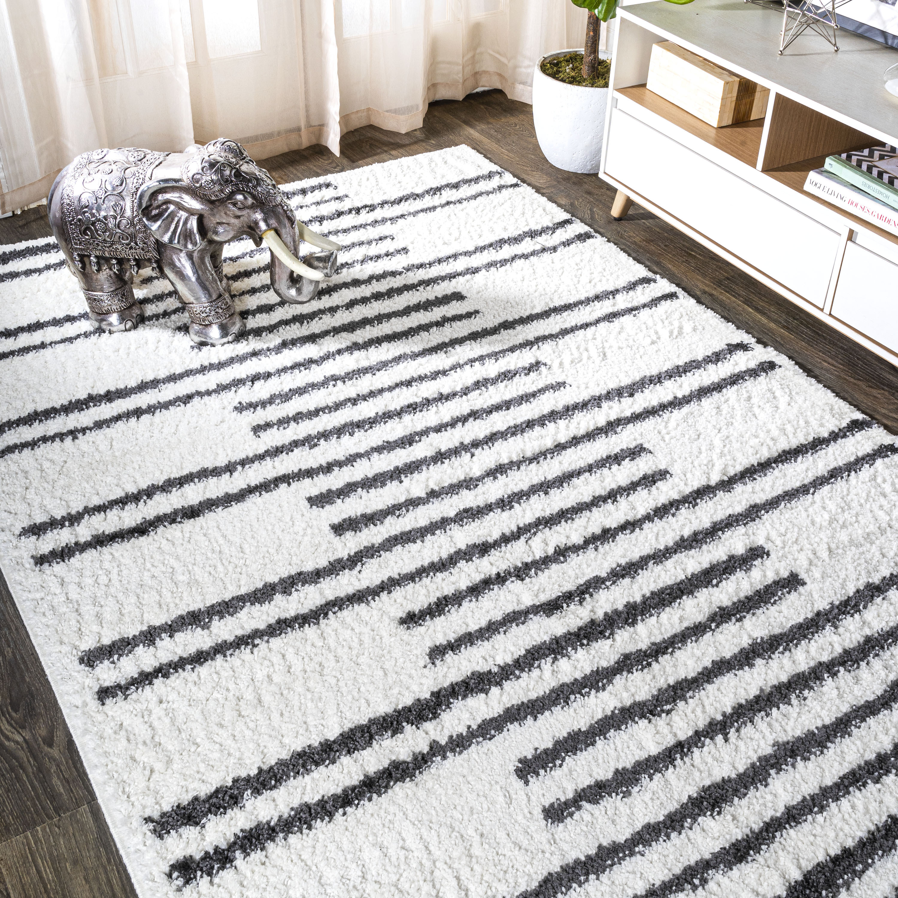 Ivory and Gray Striped Shag Area Rug 3 x 5