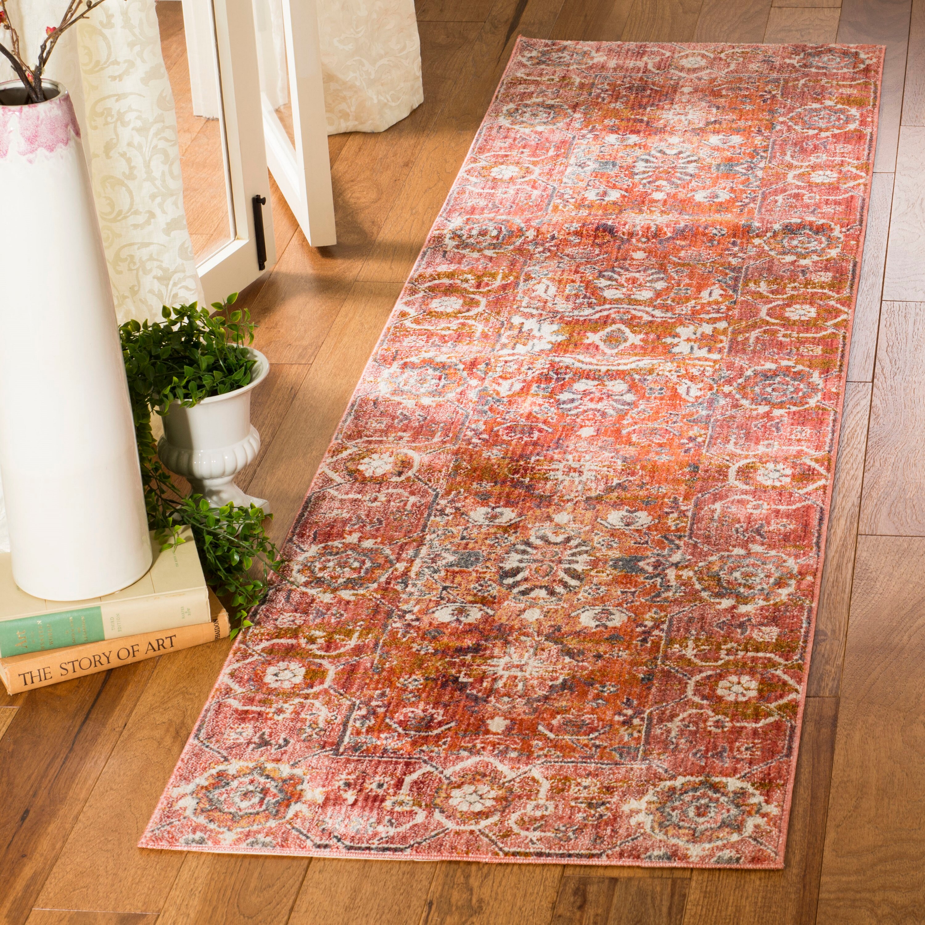 Red and Orange Floral Motif Bohemian Runner Rug