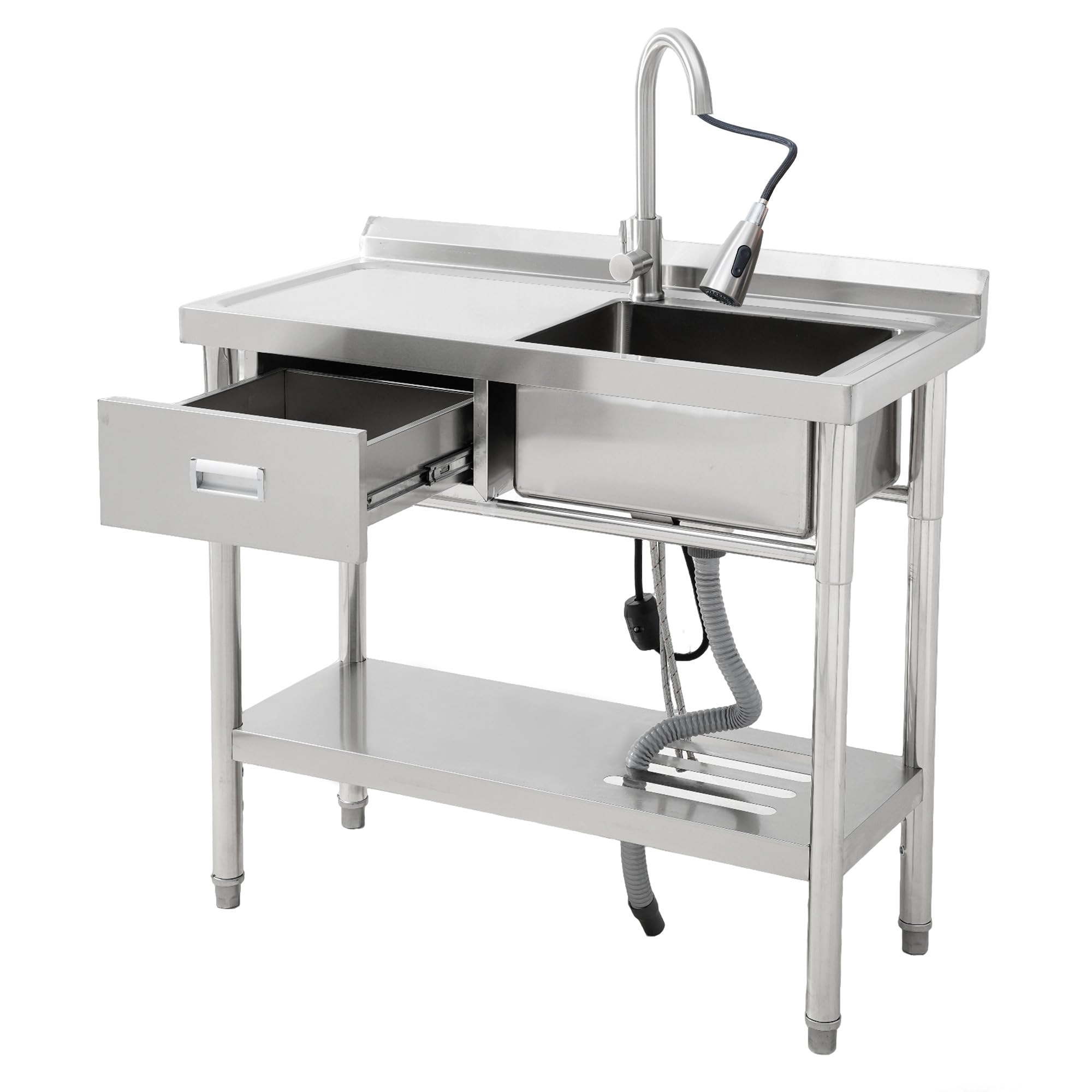 Garvee 39 inch Freestanding Stainless Steel Utility Sink with Workbench Left Drawer Storage Rack Adjustable Legs Hot Cold Faucet Single Bowl Sink for Laundry Room Kitchen Garage or Workshop