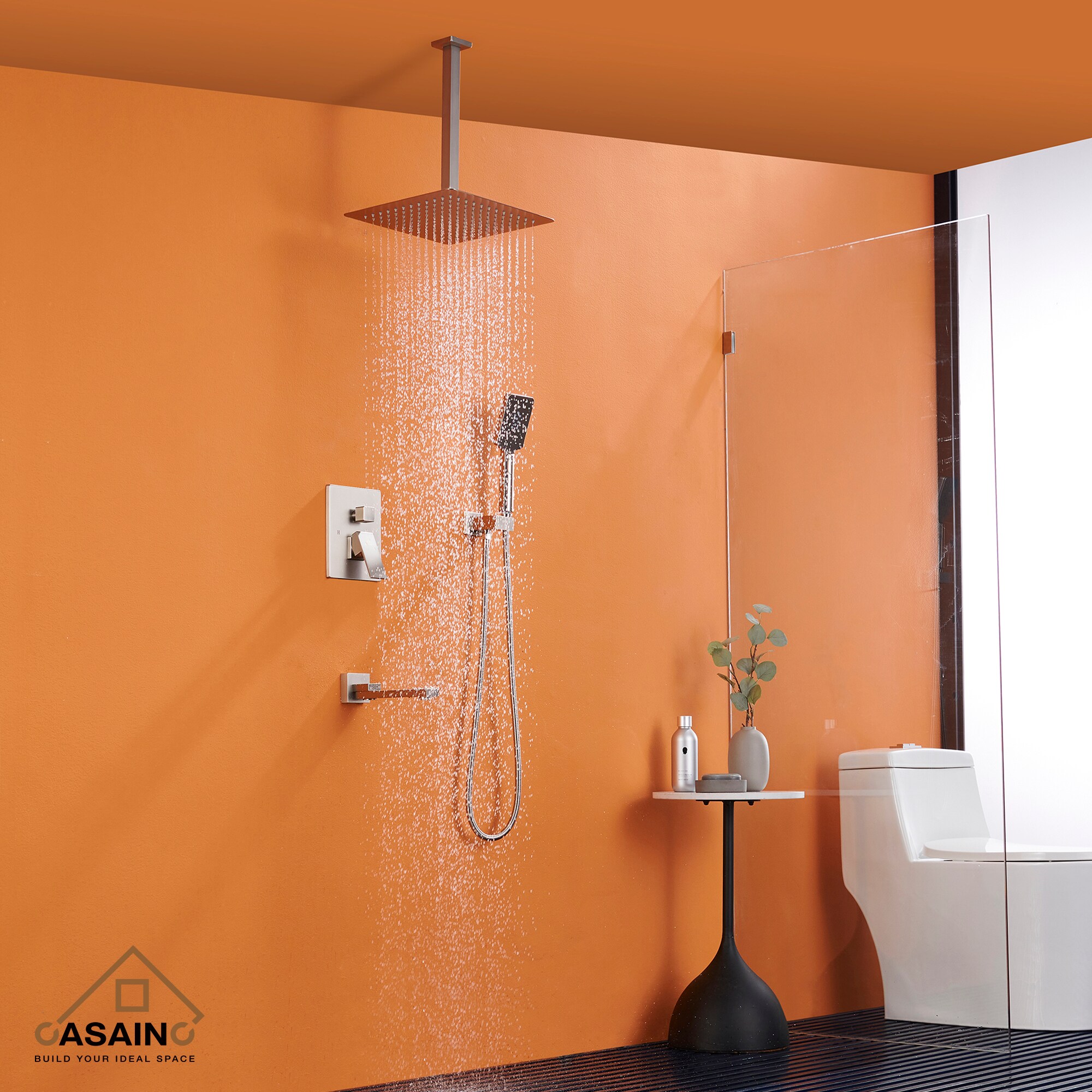 Brushed Nickel Ceiling Mounted Rain Shower System with Handheld