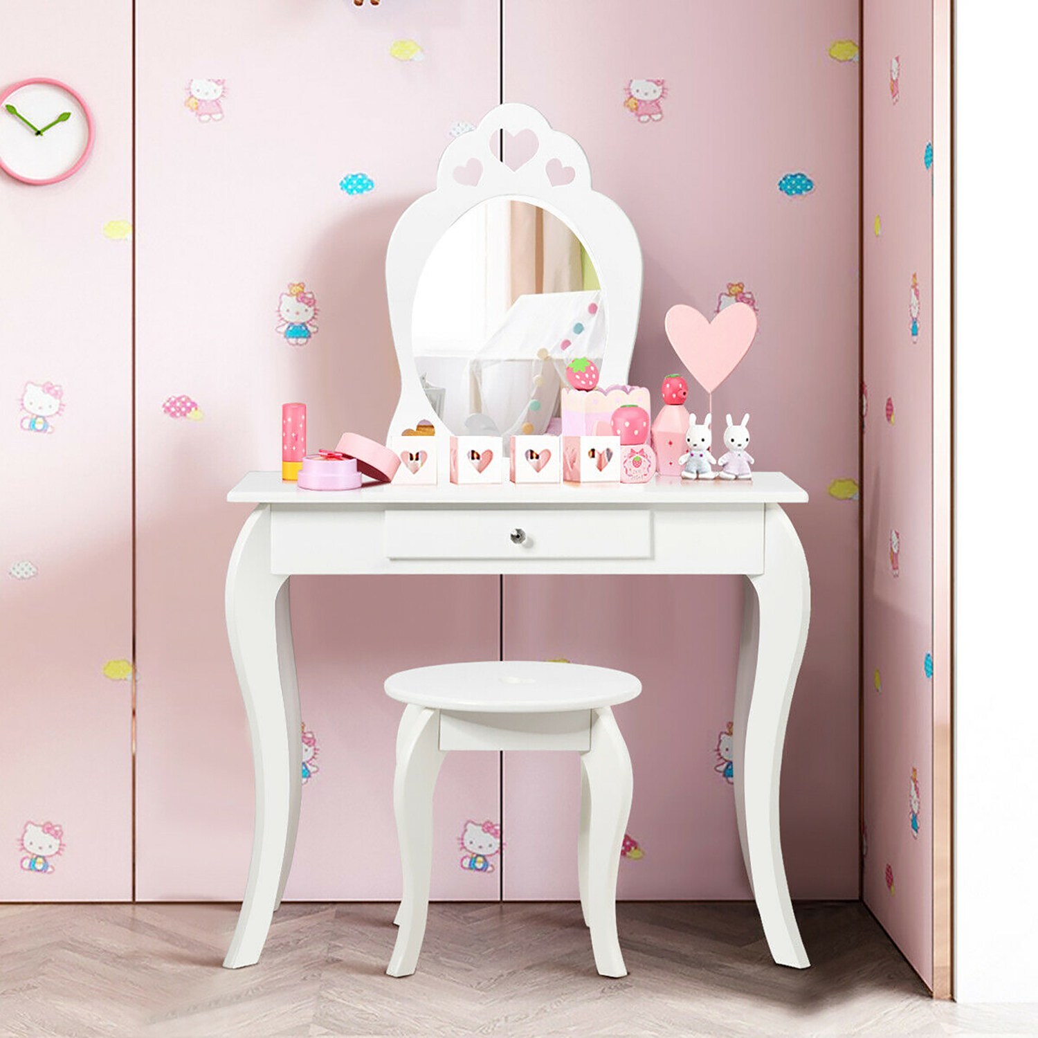 Costway CSHY000064 Kids Vanity Set Princess Makeup Dressing Play Table Set With Mirror  White