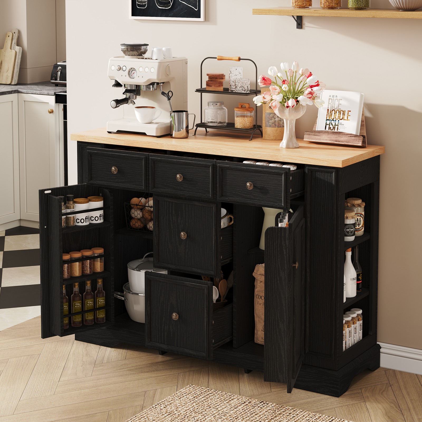 GlasFlength  Sideboard Buffet Cabinet with Adjustable Storage Shelves and Five Drawer Organizer for Dining Room Living Room Entryway Black