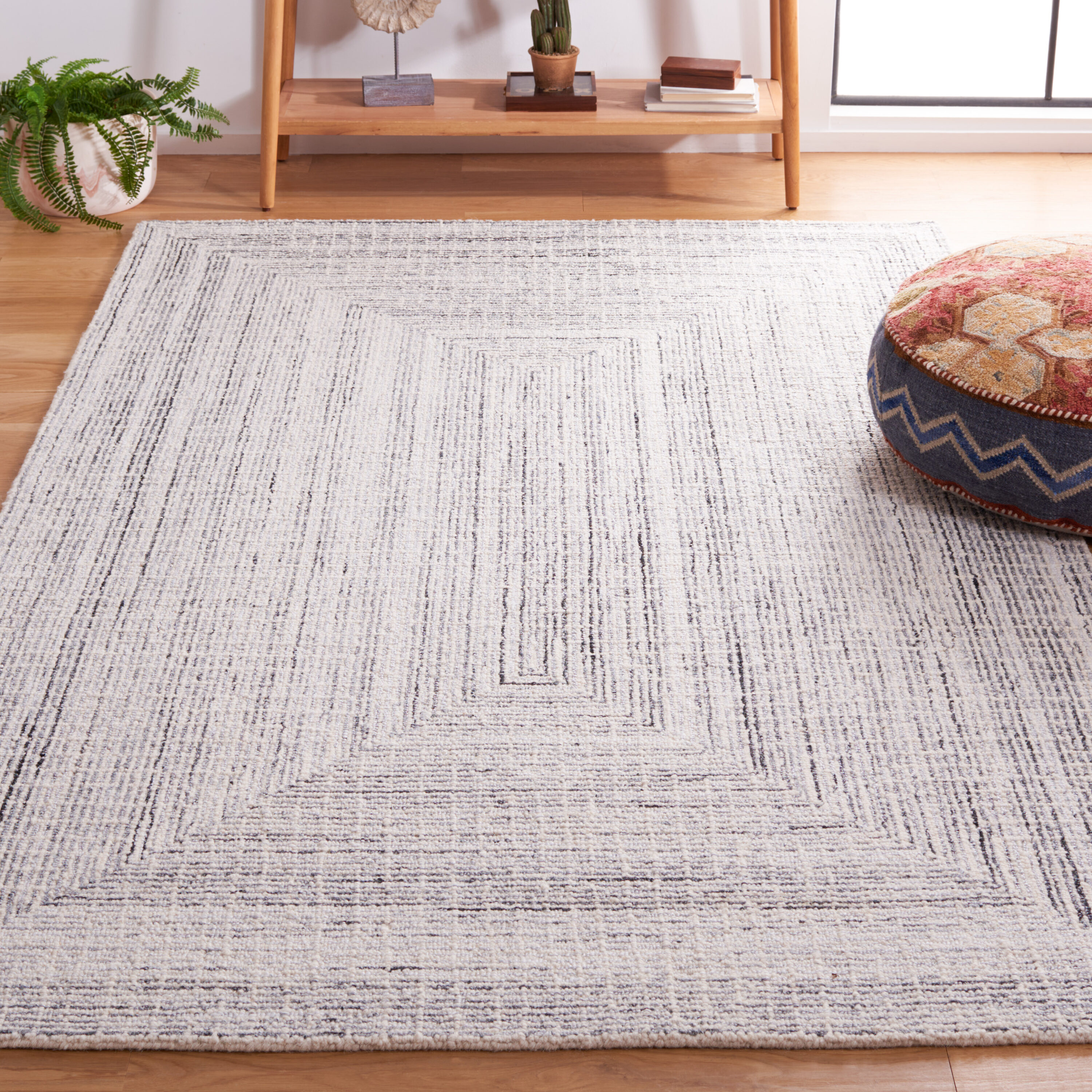 Abstract 9 x 12 (ft) Tufted Wool Black/Ivory Rectangular Indoor Geometric Mid-Century Modern Spot Clean Only Area rug