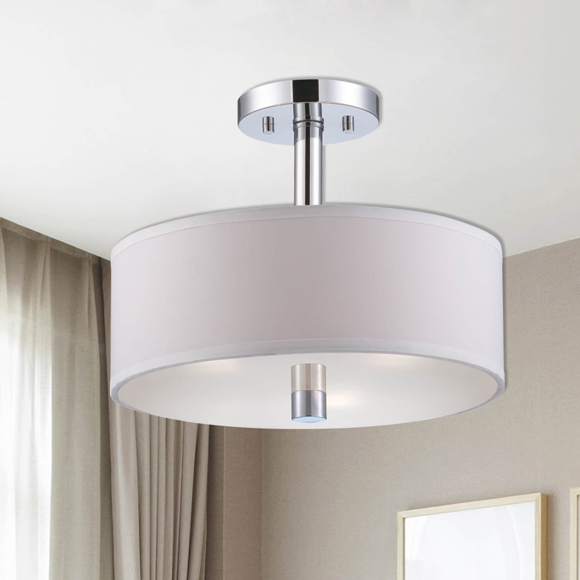 Contemporary Chrome Drum Ceiling Light with White Shade