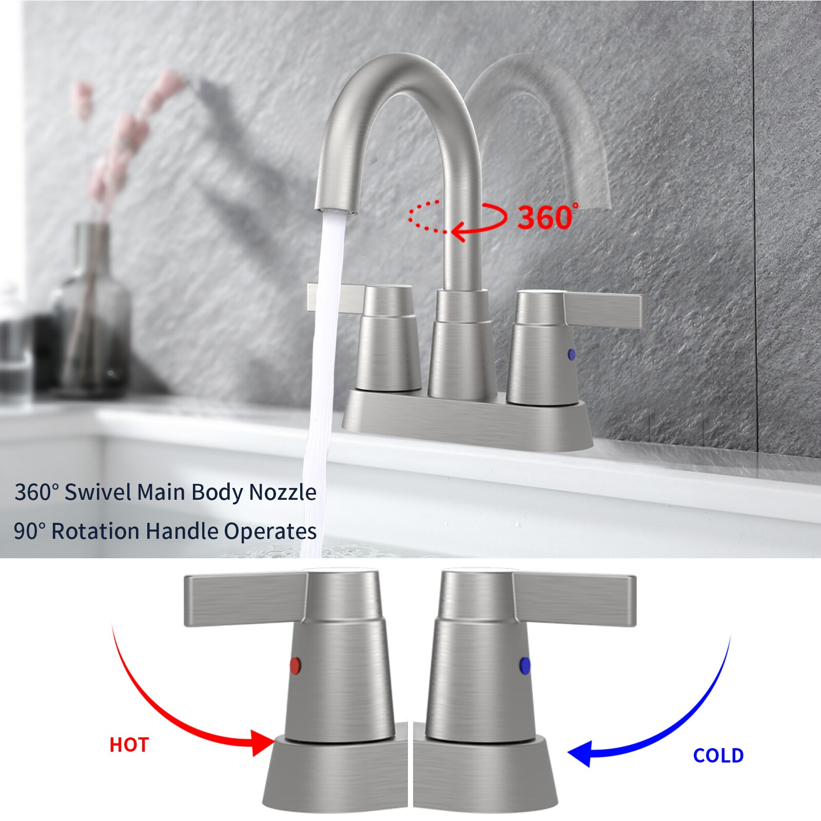 Flynama Brushed Nickel 2-Hole 2-Handle Bathroom Sink Faucet with Deck Plate | RB-QY-0709