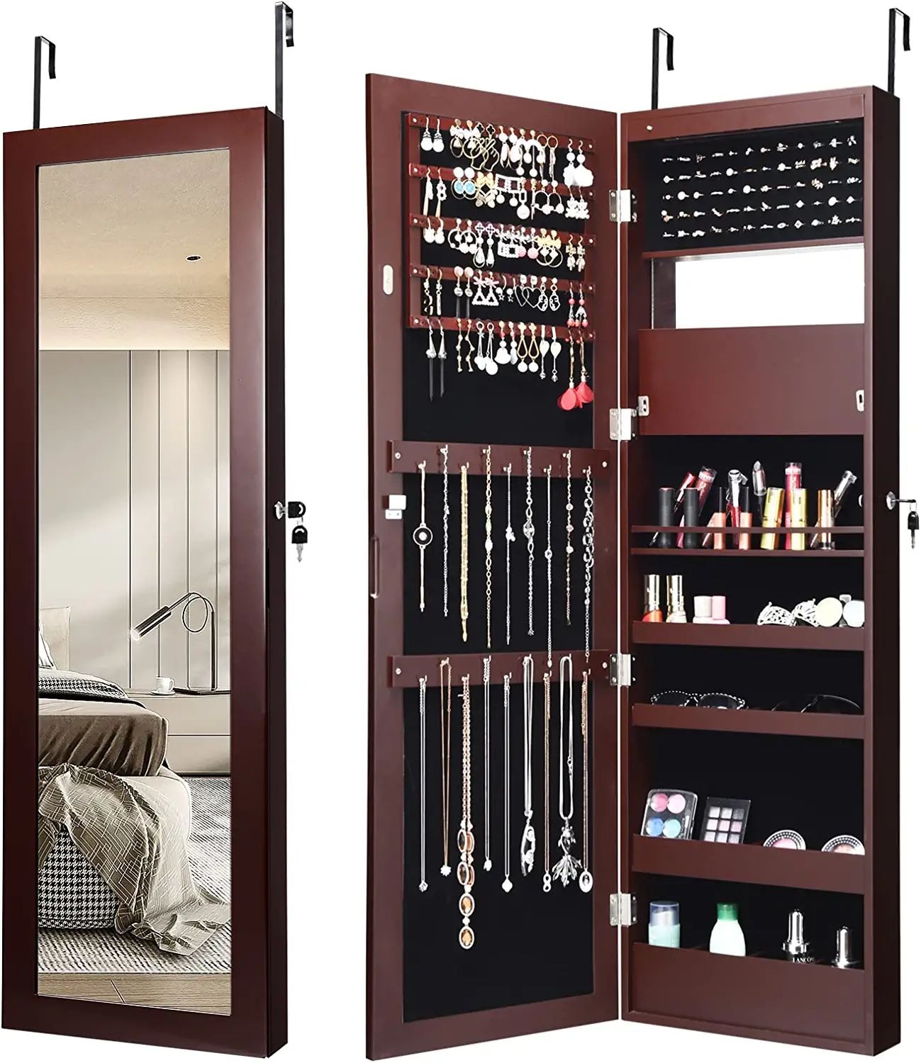 Slickblue D-CO-JV10086CF Wall Door Mount Jewelry Armoire 53.5in H 1 Door 4 Shelf Cabinet with 15 LED Lights and Full Length Mirror