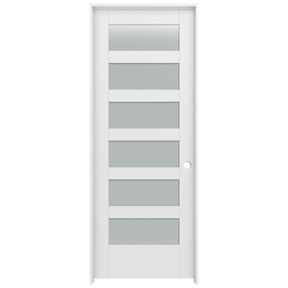 JELD-WEN LOWOLJW221100153 30-in x 80-in Primed Solid core 6-panel Frosted glass Left hand Smooth Primed MDF Flat Jamb Single Prehung Interior Door