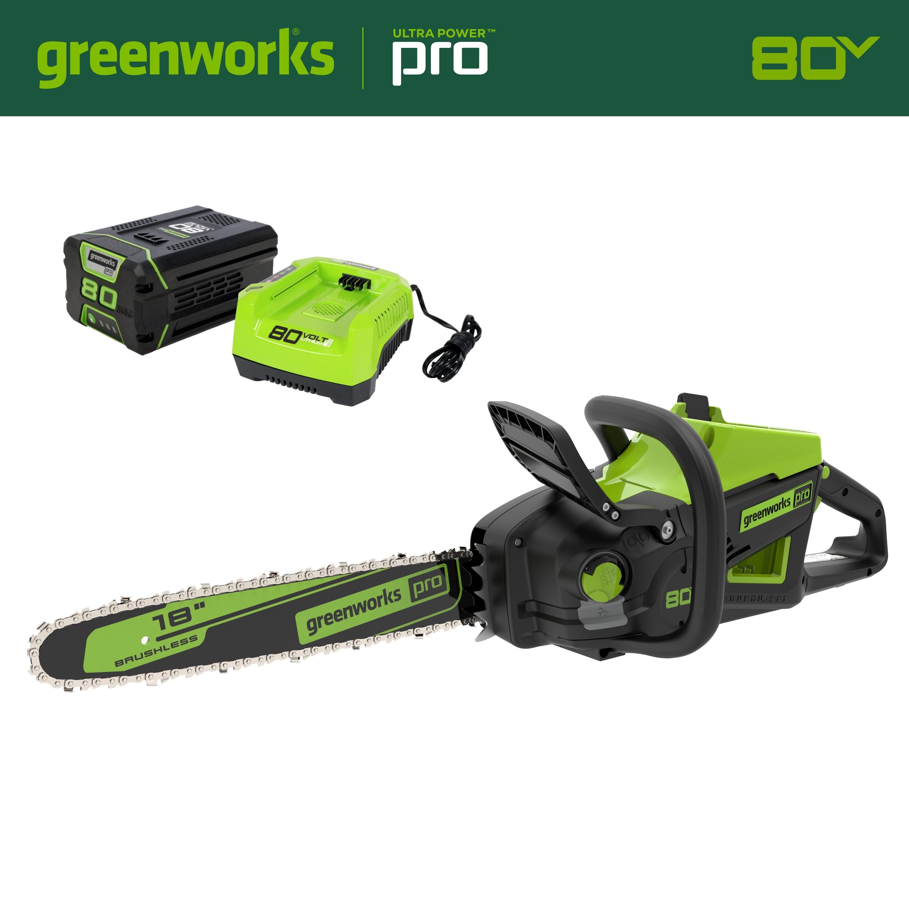 Pro 80-volt Max 18-in Brushless Battery 4 Ah Chainsaw (Battery and Charger Included) | - Greenworks Pro CS80L413