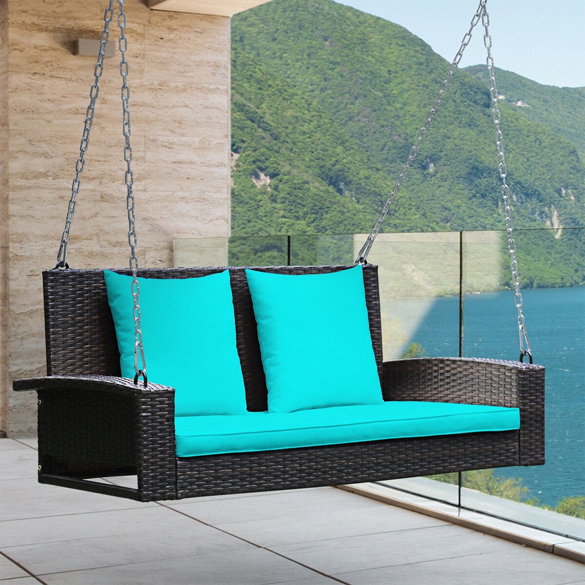 WELLFOR 2-Person Patio Rattan Porch Swing with Cushions in Turquoise in ...