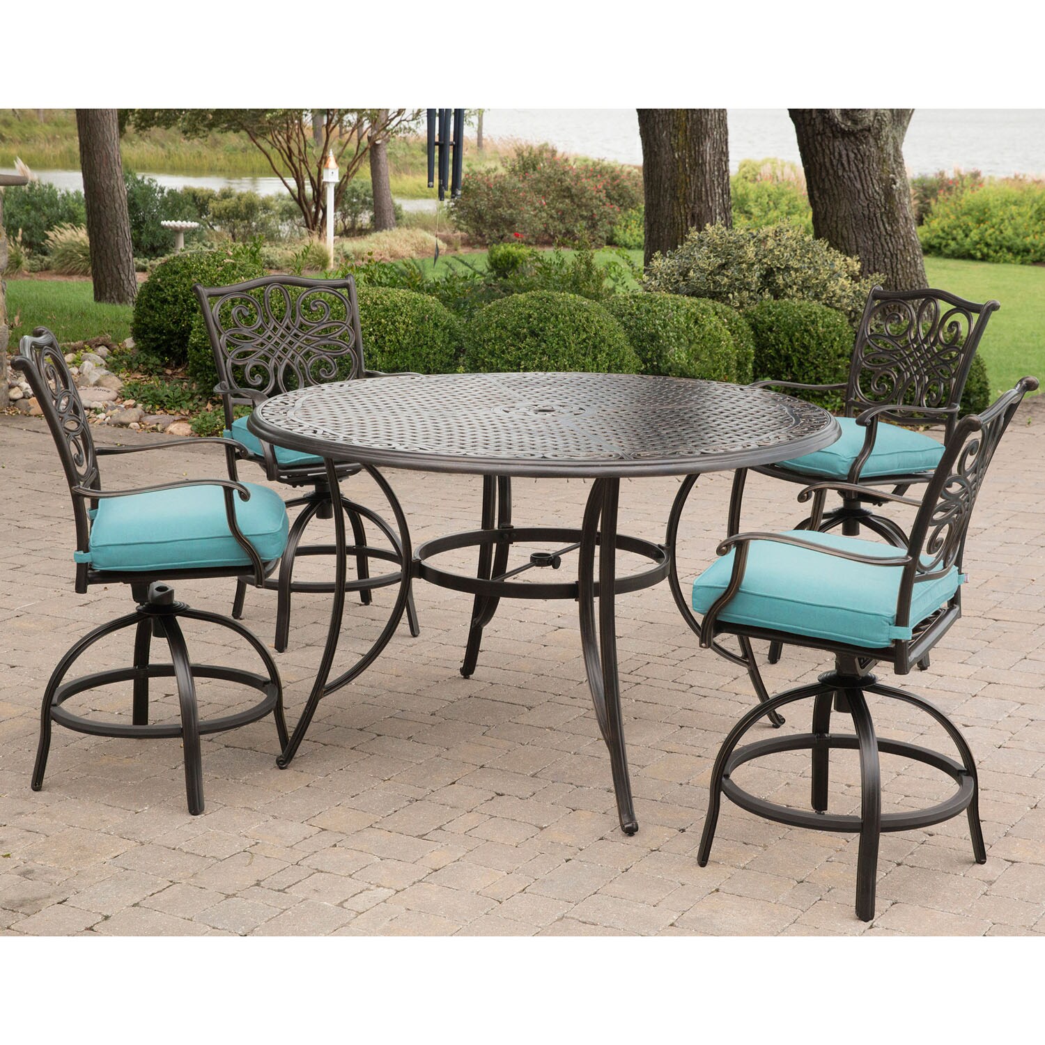 Hanover Blue 5-Piece High-Dining Set with Swivel Chairs and Cast-Top Table