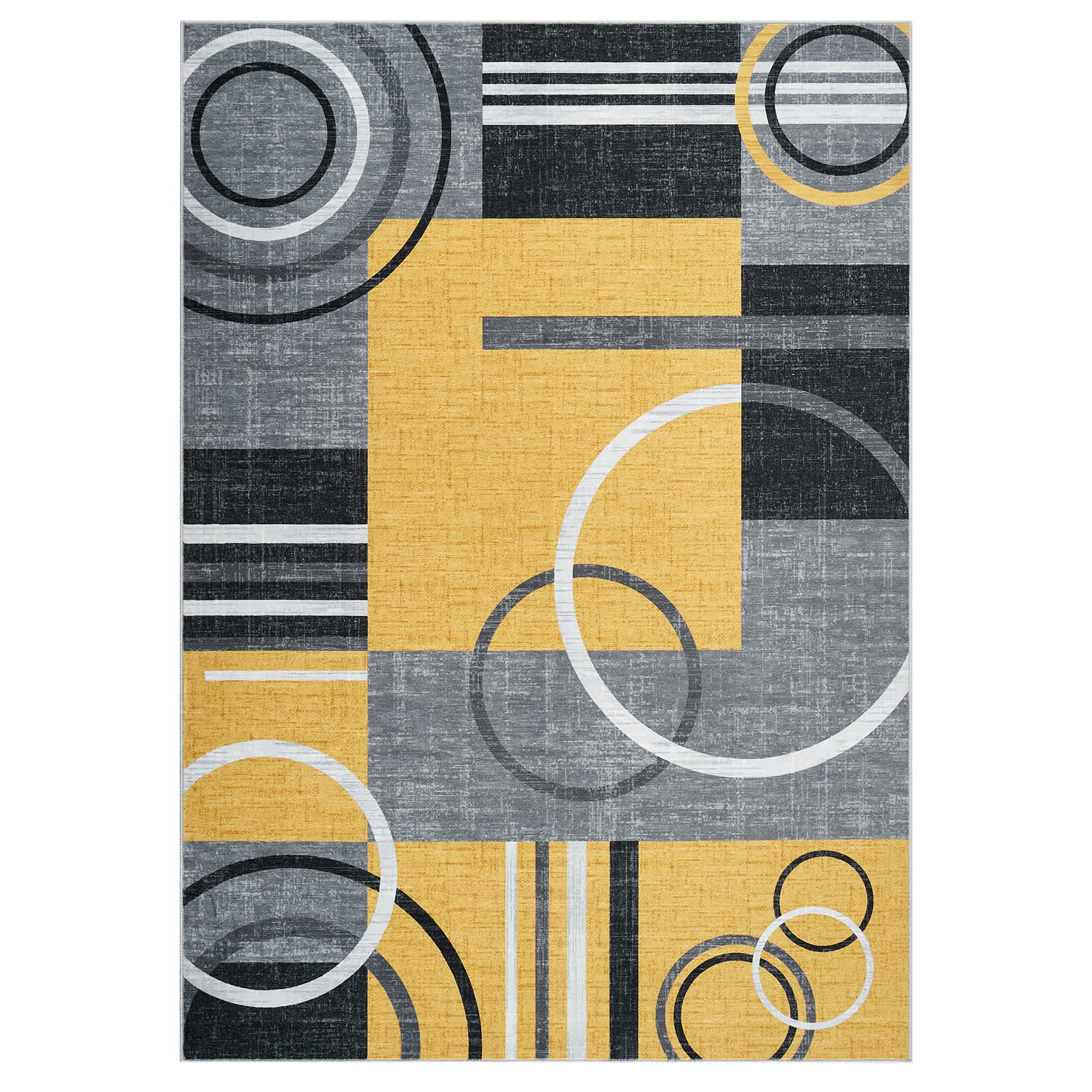 Qeetex LSN-PHO-15NDG638 4 x 6 ft Polyester Cashmere Yellow Rectangular Hallway Bathroom Entryway Kitchen Office Foldable Geometric Printed Modern Washable Area Rug