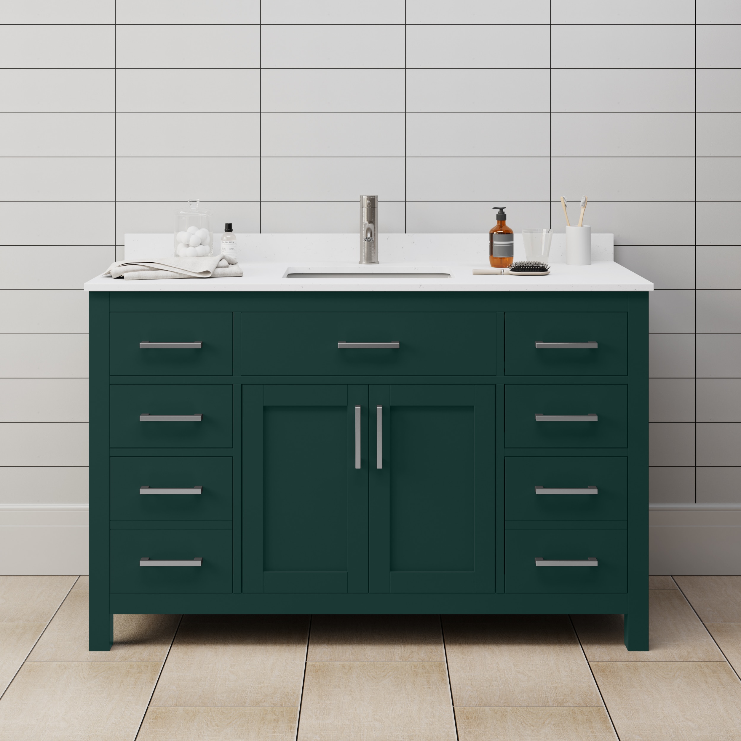 Wyndham Collection WCG242454SGEWCUNSMXX Beckett 54-in Green with Brushed Nickel Trim Undermount Single sink Bathroom Vanity with White Cultured Marble Cultured marble Top