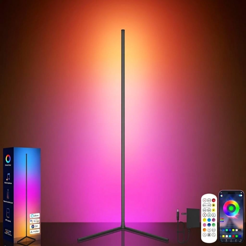 Oyezvary  RGB Corner Floor Lamp 59 Inch 96 LED Beads 16 Million Colors 300 Scene Modes App and Remote Control Music Sync and Timer 1 Piece