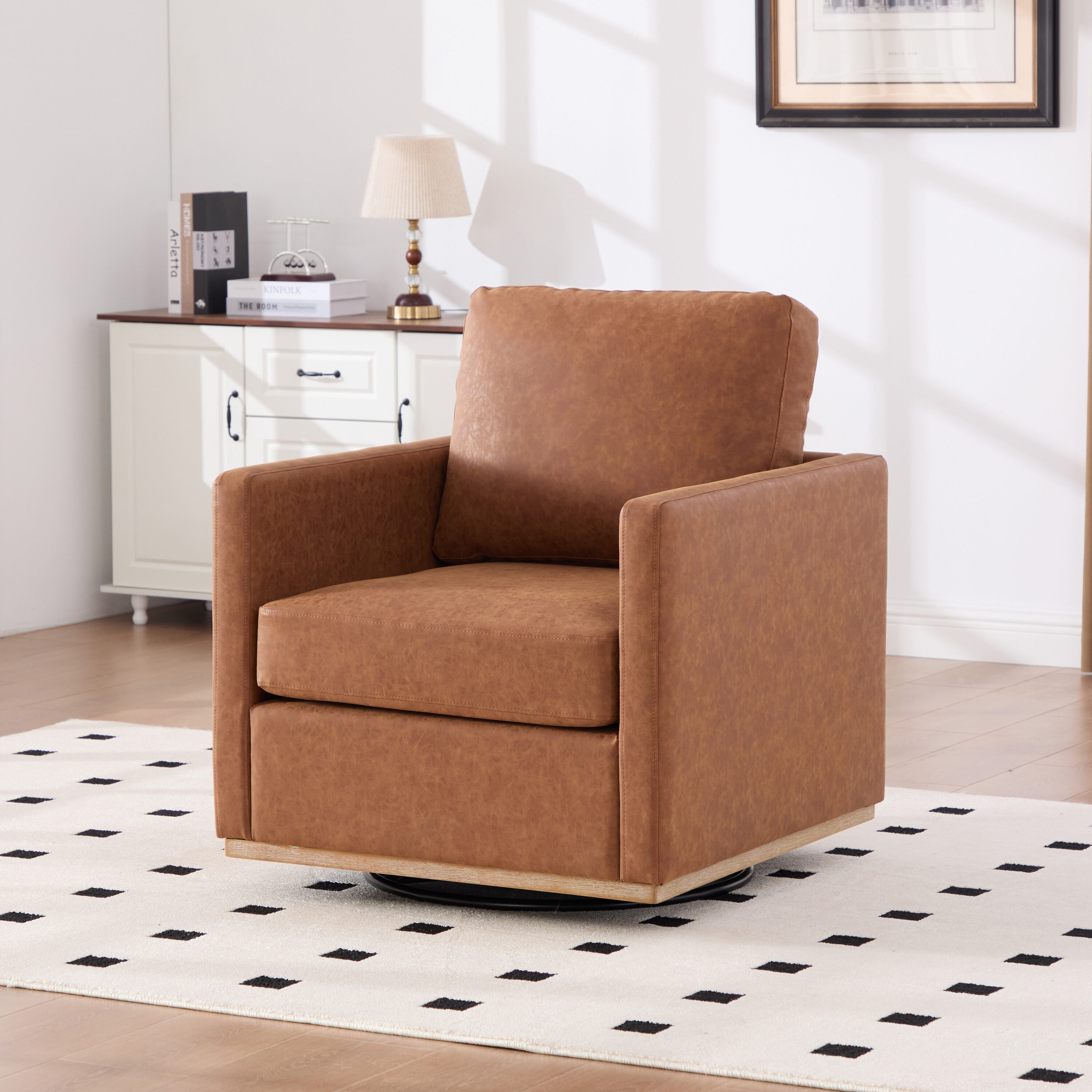 Hrinhom - 30.7-in W Modern BROWN Faux leather Swivel Accent Armchair