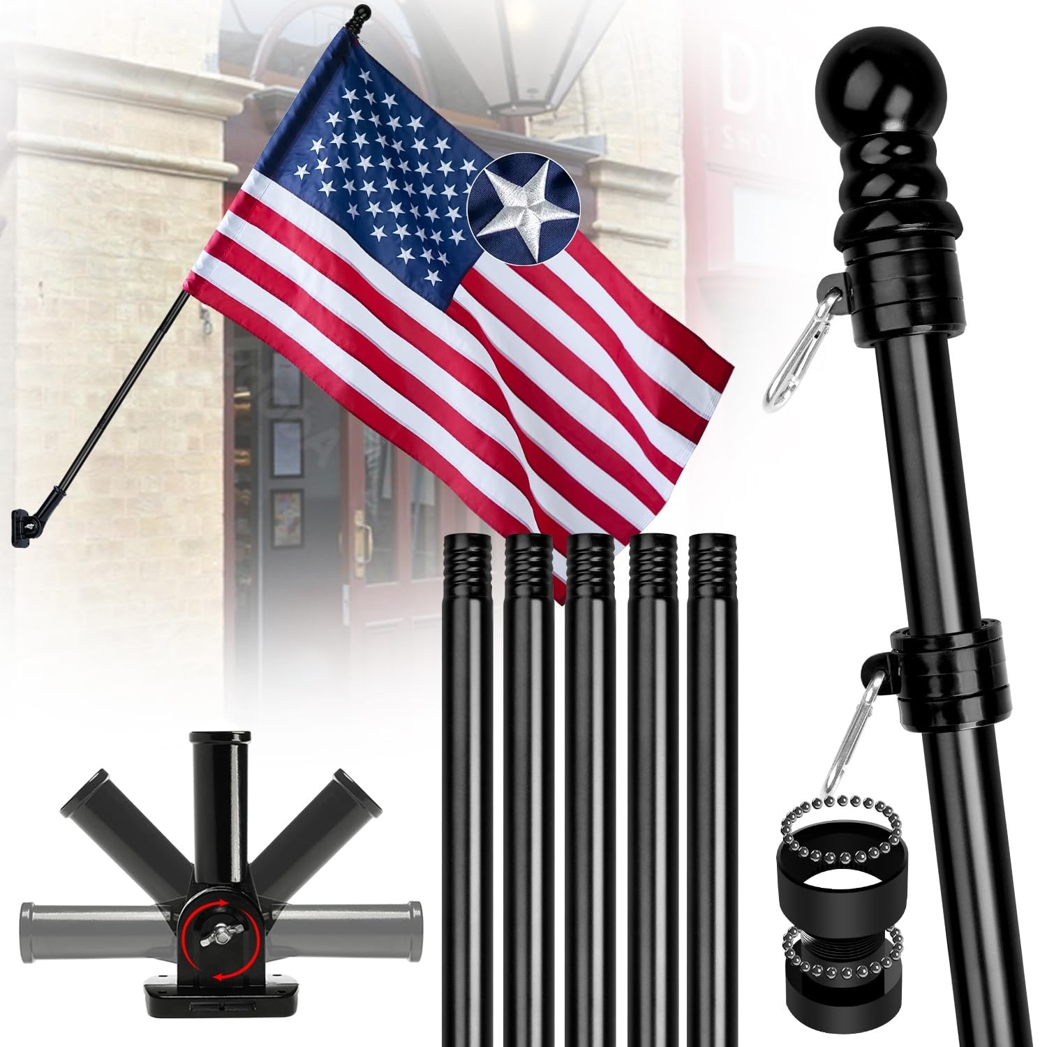 ITOPFOX  American Flag Kit 3x5 FT Nylon Flag Embroidered Stars 6 FT Black Stainless Steel Spinning Pole Multi Position Bracket Outdoor House