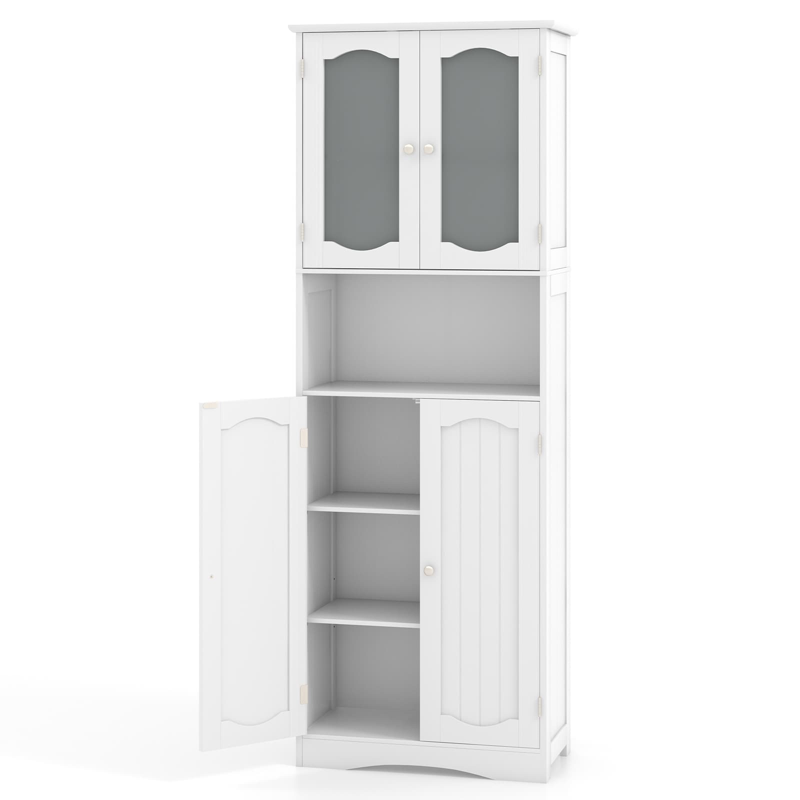 Slickblue D-CO-HW25711VJ Bathroom Linen Cabinet with Glass Doors and Open Storage - 23.5 x 64.5 x 12-Inch White MDF Floor Mount Linen Cabinet for Bathroom or Living Room