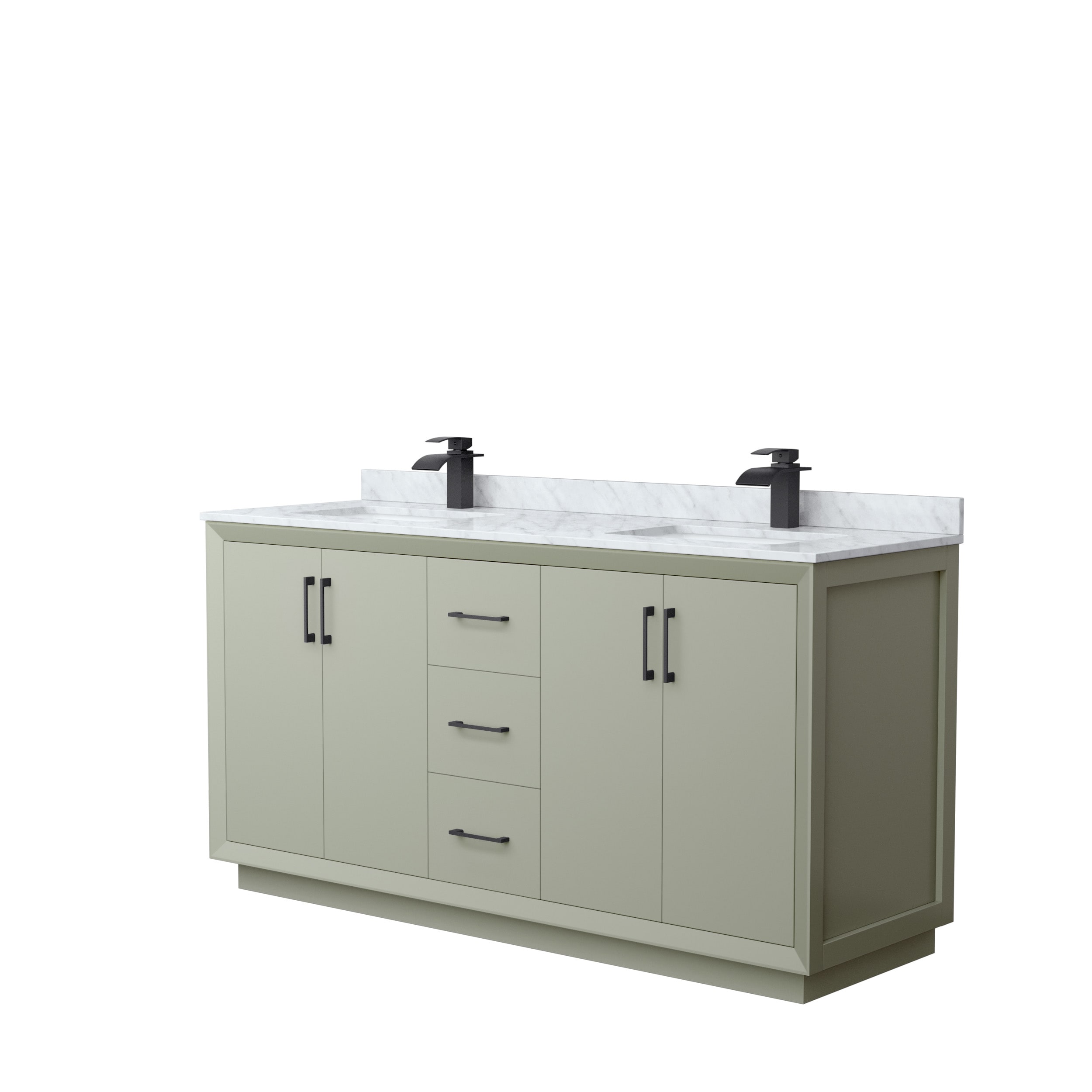 Wyndham Collection WCF414166DLBCMUNSMXX Strada 66-in Light Green with Matte Black Trim Undermount Double sink Bathroom Vanity with White Carrara marble Natural marble Top