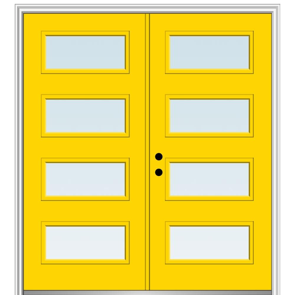 MMI DOOR ZZ345577R Spotlights 72-in x 80-in x 4-9/16-in Fiberglass Pulse lite Right-hand inswing Yellow Flash Painted Prehung Double Front Door with Brickmould Insulating core