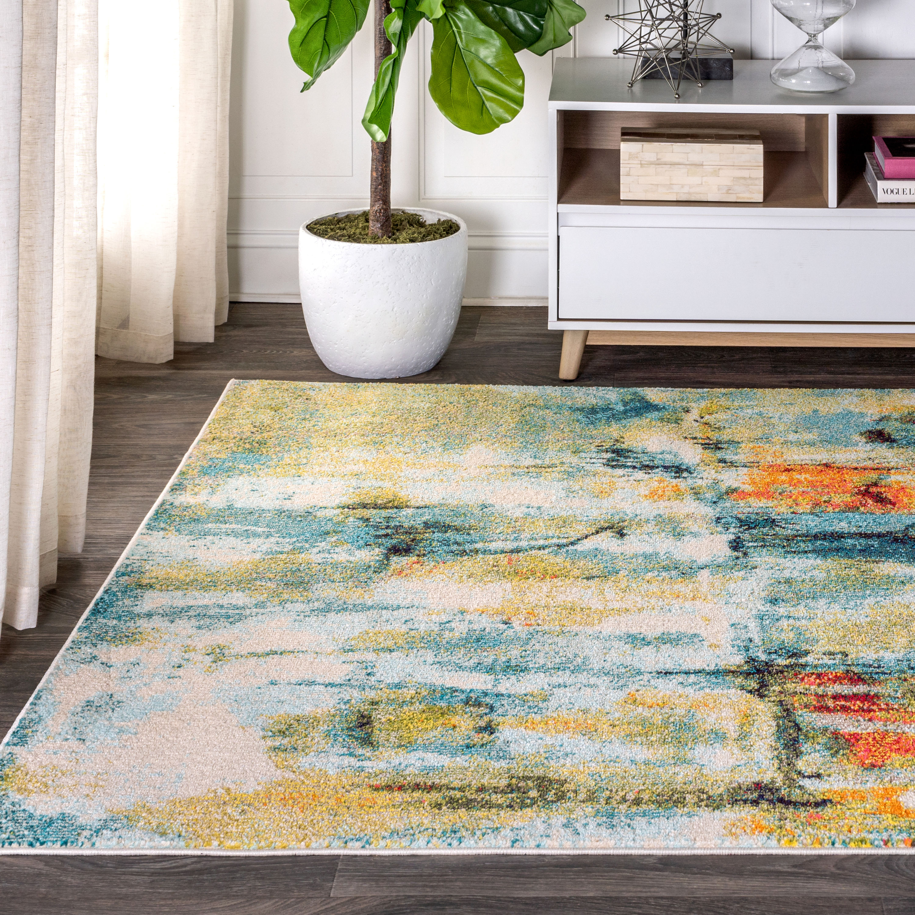 Contemporary Abstract Blue and Cream Synthetic Area Rug, 3 x 5 ft