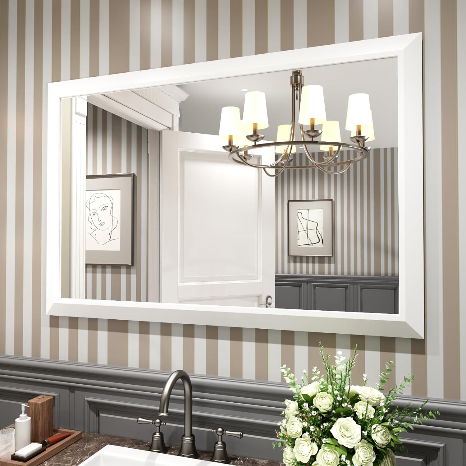 LOAAO 48x32 Inch Rectangle Thick Metal Framed Tempered Glass Bathroom Wall-Mounted Mirrors