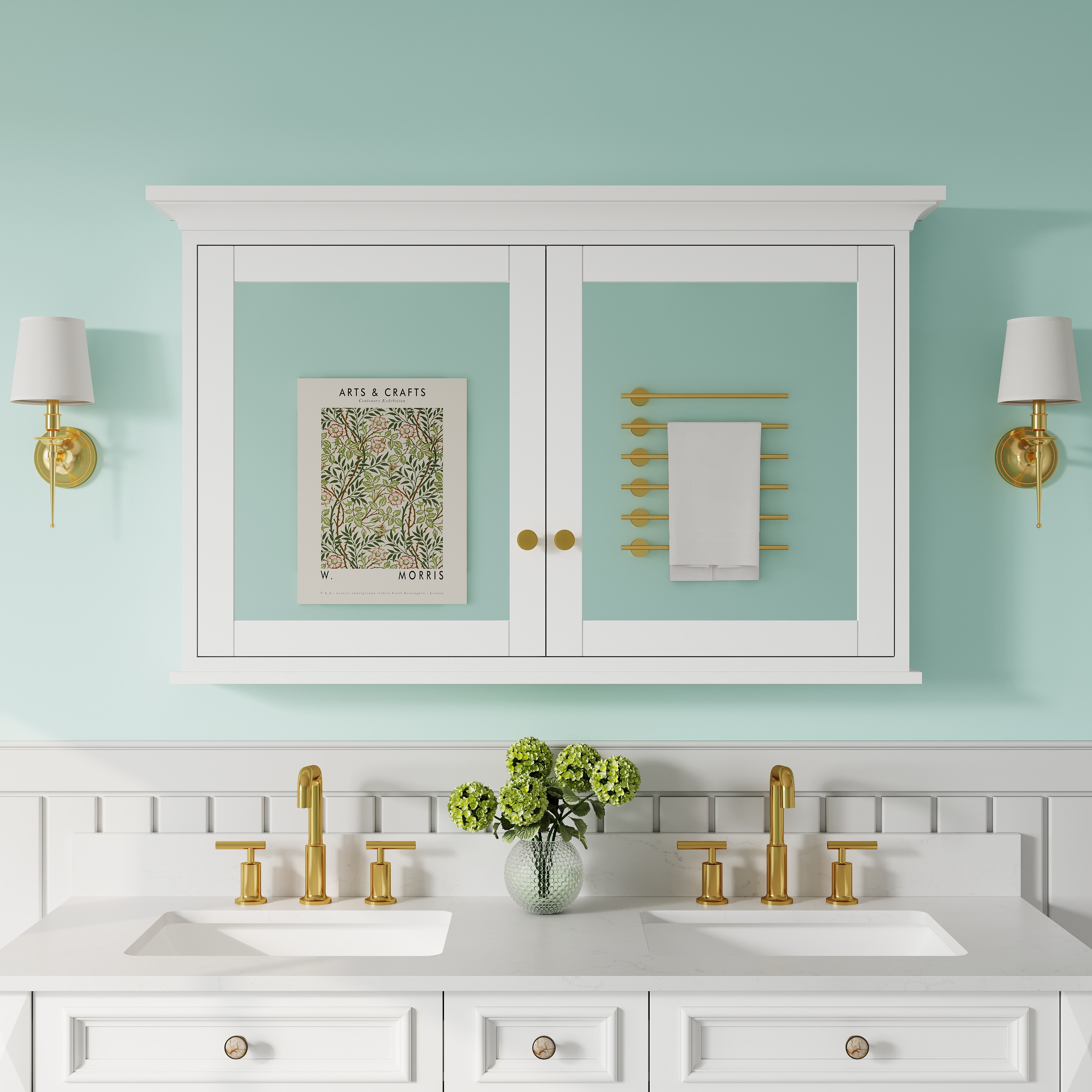 WELLFOR EX-5MC2432LX VNE Solid Wood 48-in x 30-in Surface Mount White Mirrored Rectangle Soft Close Medicine Cabinet with Outlet