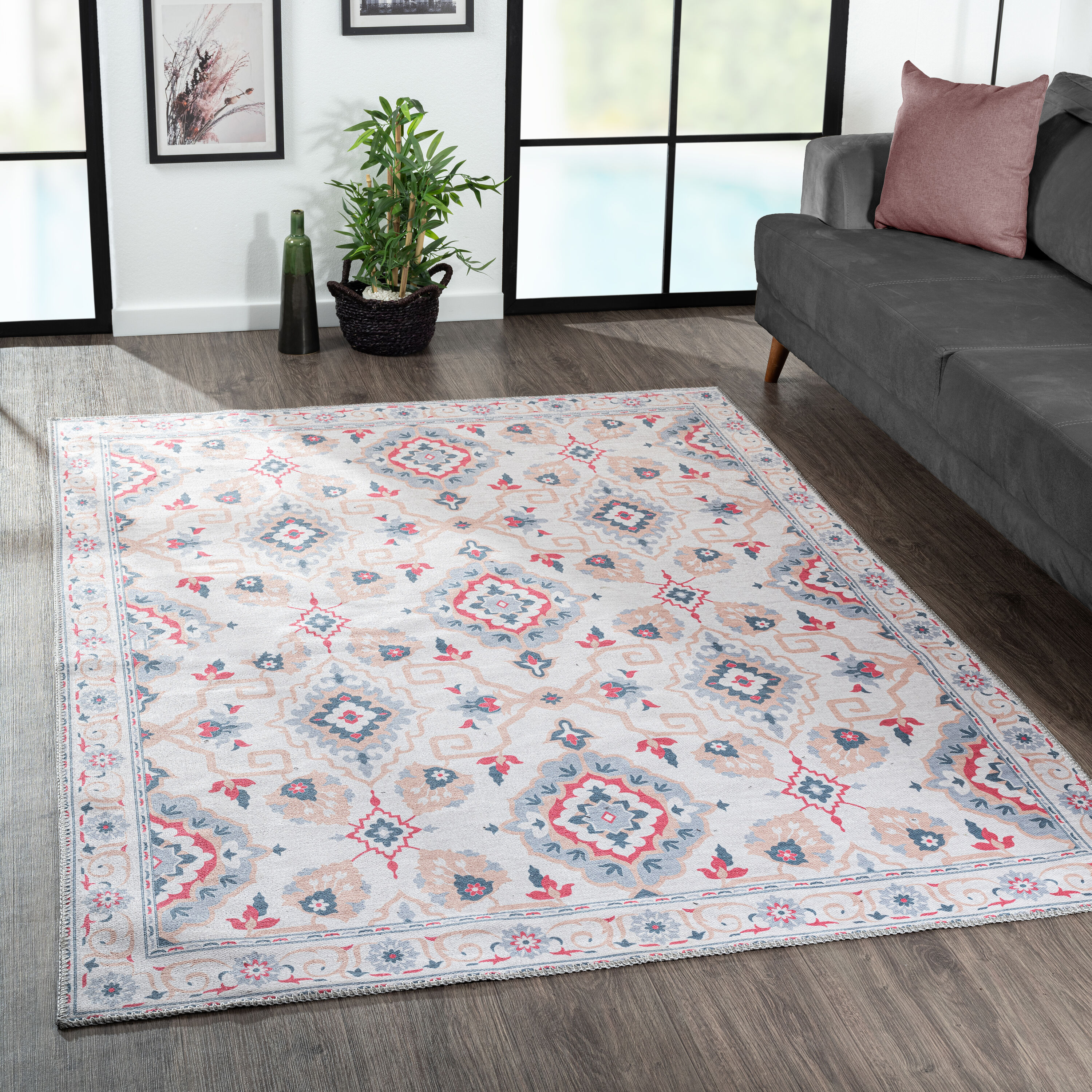 LR Home 7223A1590304J8 Sabien 8 X 10 (ft) Salmon/Blue Indoor Border Machine Wash Area Rug