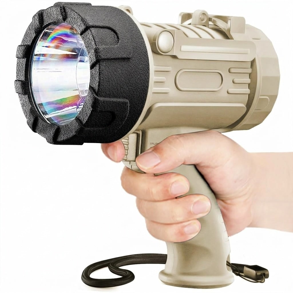 Lukvuzo Extra Bright Heavy Duty LED Spotlight 1000000 Lumen 4 Modes IP67 Waterproof Floating Impact Resistant Handheld Flashlight with Stand and Red Lens 1 Piece #LLU0423O42