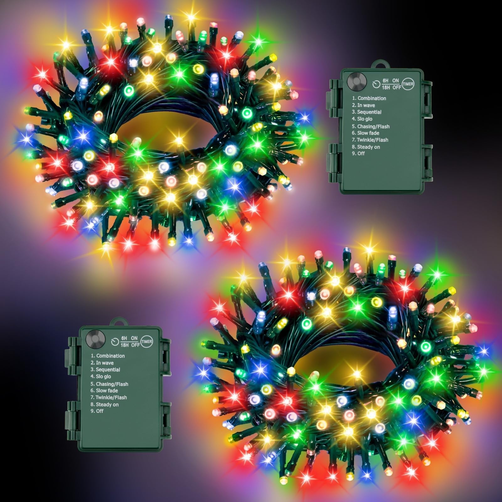Slagawa  Multicolor Battery Operated 100 LED String Lights 33ft Total with Timer 8 Modes 16.4ft per Strand Waterproof for Indoor Outdoor Christmas Decor 2 Pack