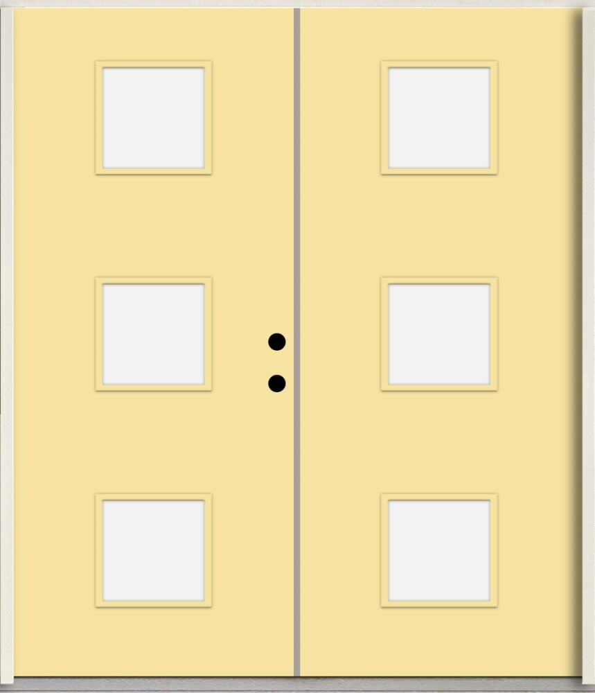 RELIABILT LO1066494 Spotlights 64-in x 80-in x Fiberglass 1/4 lite Left-hand inswing Cabana Yellow Paint Painted Prehung Double Front Door Insulating core