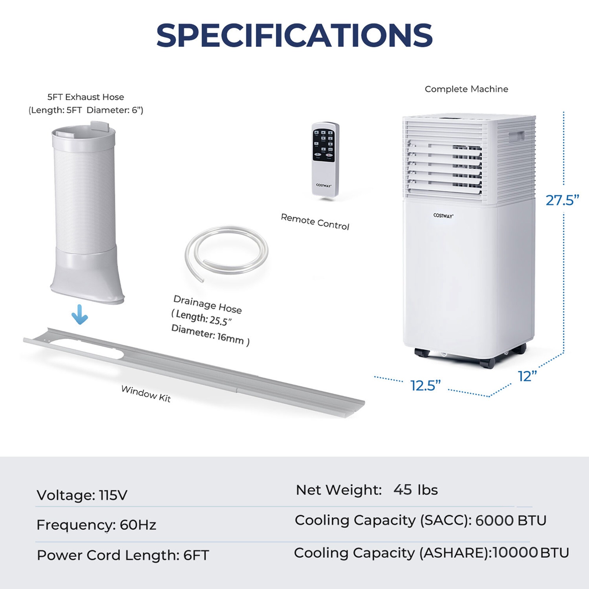 Costway 6000-BTU DOE (115-Volt) White Vented Portable Air Conditioner with Remote Cools 350-sq ft LWS00200 Sansujyuku sansujyuku.com