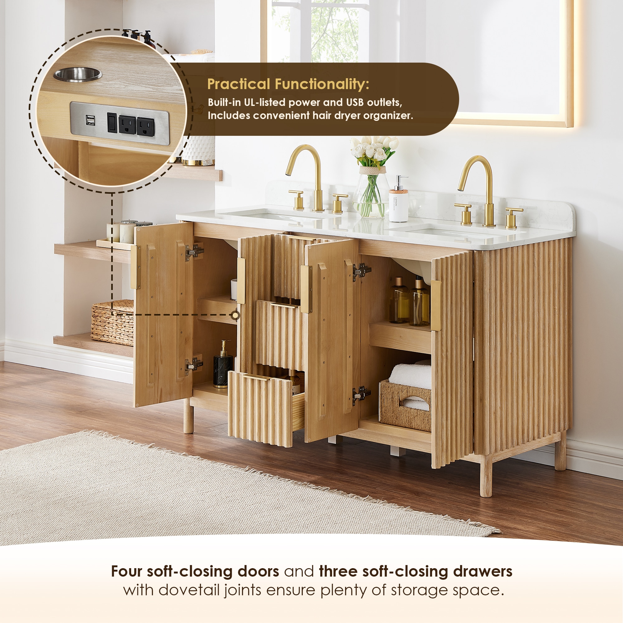 Sierra 60" Washed Light Brown Double Vanity with Engineered Stone Top
