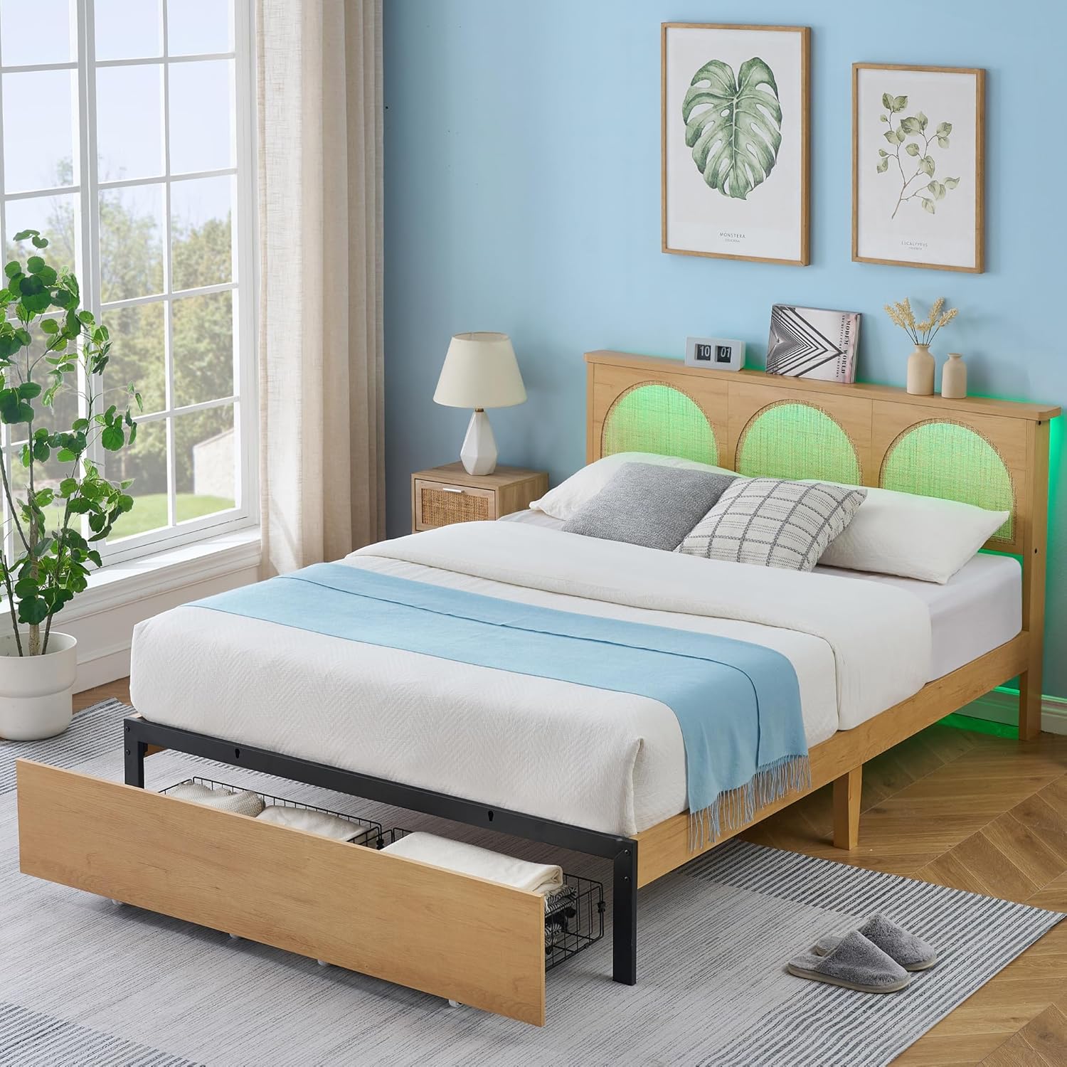 Qeetex LHF-BED-PHO-13X4RZQT Full Bed Frame with Rattan Headboard - Full Size Bed Frame with LED Lights Boho Platform Bed Frame Full Size with Wooden Support Legs No Box Spring Needed/Noise-Free/Easy Assembly