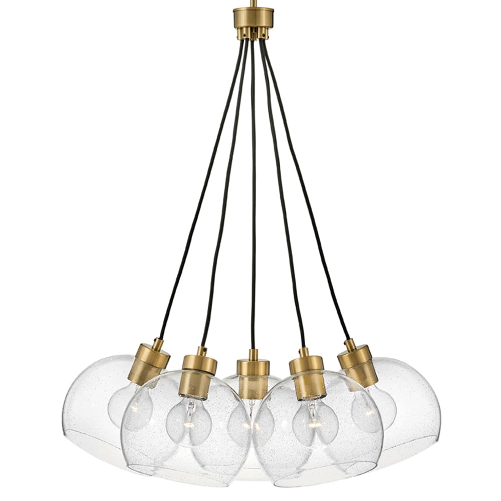 Rumi Modern 5-Light Pendant in Lacquered Brass with Clear Seedy Glass